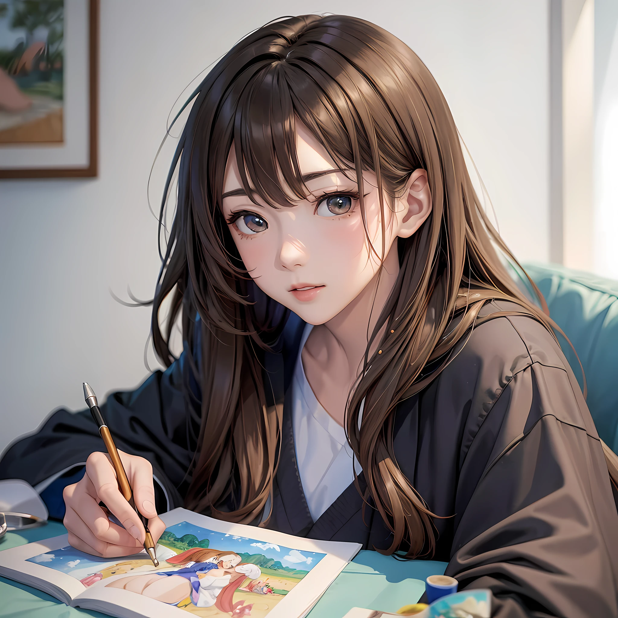 anime, watercolor, Chinese, painting, art style, (white background: 1.4), original, (illustration: 1.1), (best quality), (masterpiece: 1.1), (color: 0.9), (medium lens: 1.4), upper body, clear and sharp focus, interior, looking at the viewer, ((beautiful)), beautiful face, brown hair, black eyes, drawing,