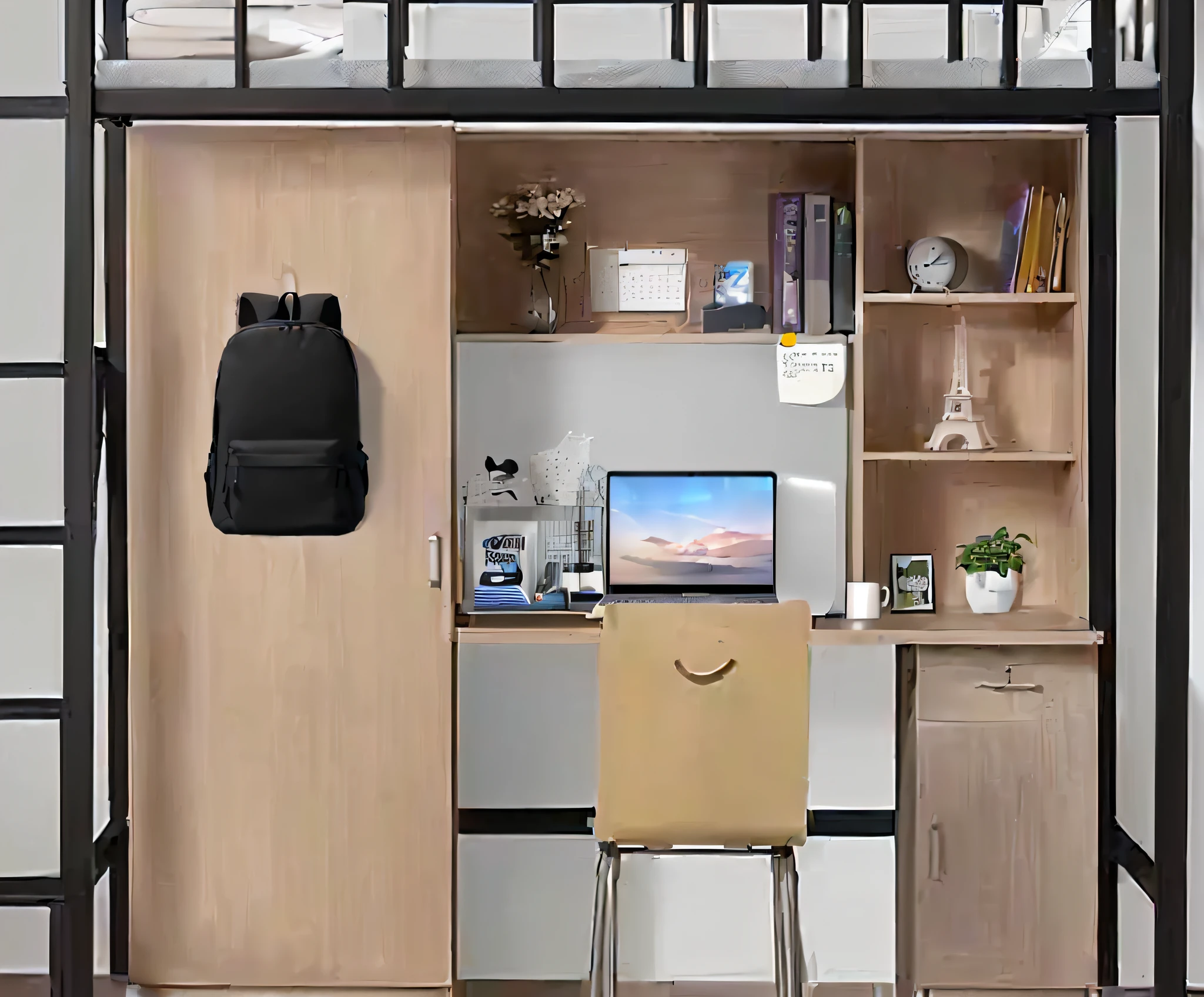 ((small but cozy student bedroom)), (with a desk), ((a backpack) and (a laptop)), ((small room)), ((studying in a small room)), ((two front pockets in the background)), (fully filled space)), (with bunk bed)), ((personal room background)), (full body), (school bag), calendar, mechanical hard drive, ultra hd, 8k, perfect details