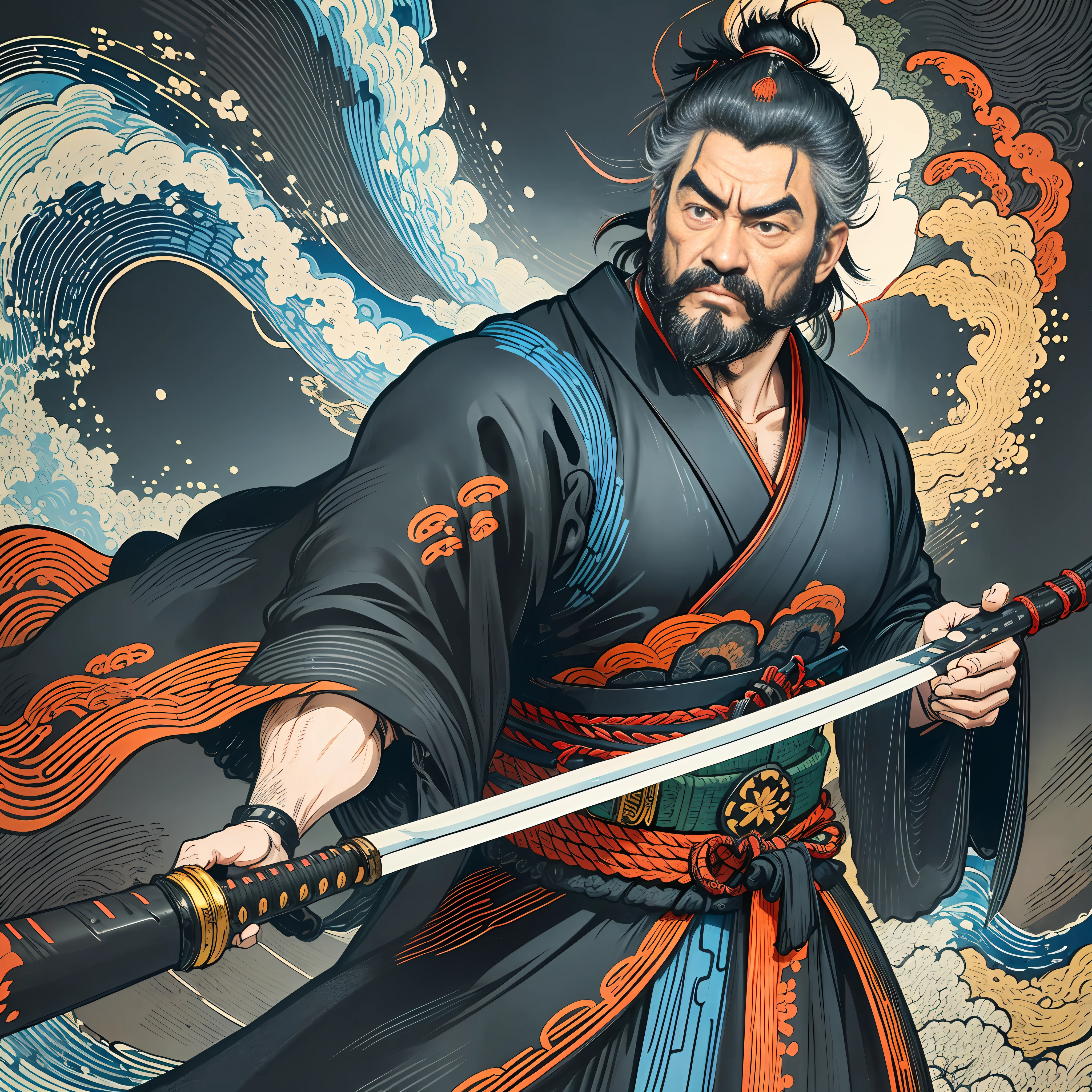 It is a full-body painting with natural colors with Katsushika Hokusai-style line drawings. The swordsman Miyamoto Musashi has a big body like a strongman. Samurai of Japan. With a dignified but manly expression of determination, he confronts evil spirits. He has black short hair and a short, trimmed beard. His upper body is covered in a black kimono and his hakama is knee-long. In his right hand he holds a Japan sword with a longer sword part. In the highest quality, masterpiece high resolution ukiyo-e style lightning and swirling flames. Among them, Miyamoto Musashi is standing with his back straight, facing the front.