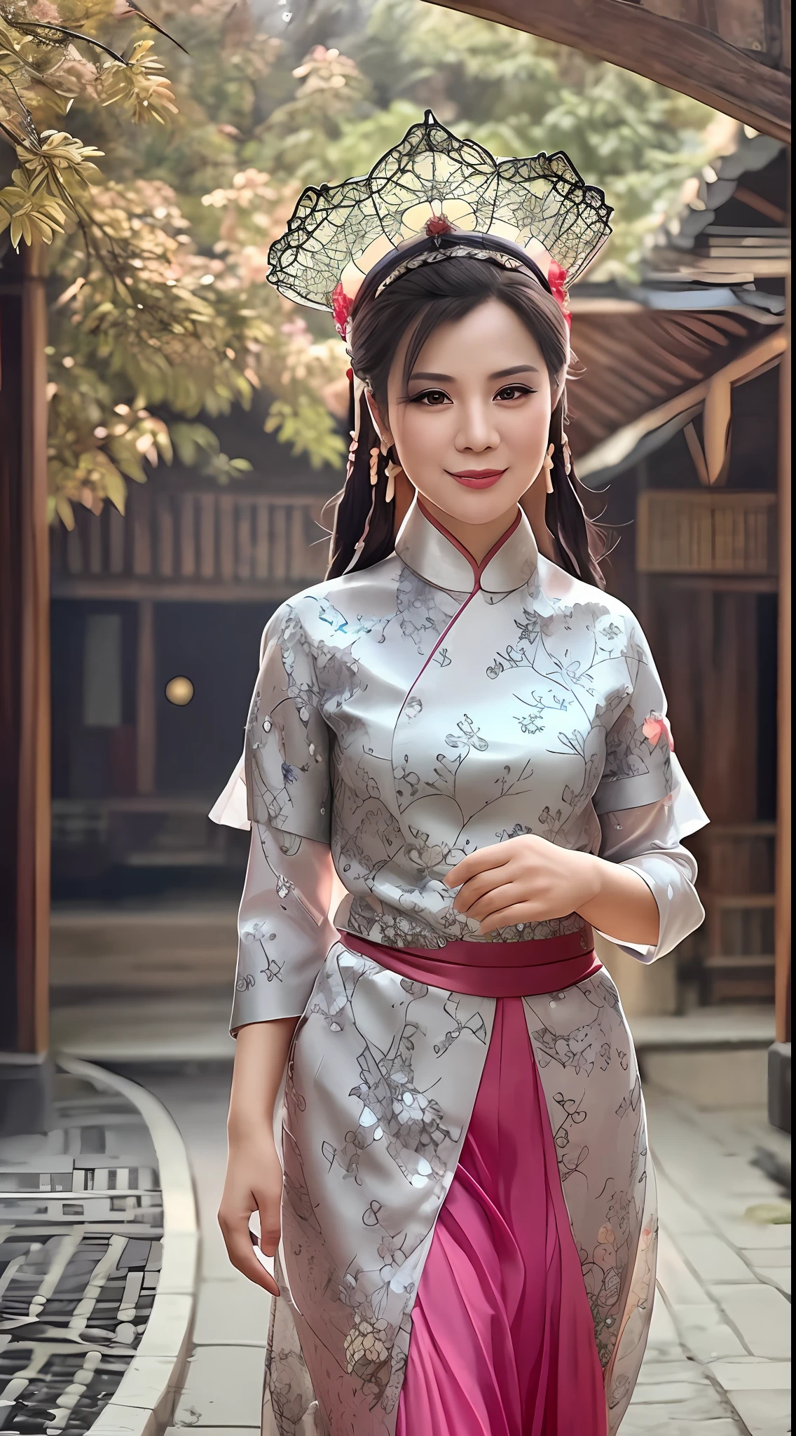 Mature woman, beautiful and elegant lady, walking in the Jiangnan Smoke and Rain Pavilion, exquisite retro long skirt, with complex and beautiful headdress, smile, movie texture, soft background light, early morning sun hitting the face, moving and beautiful