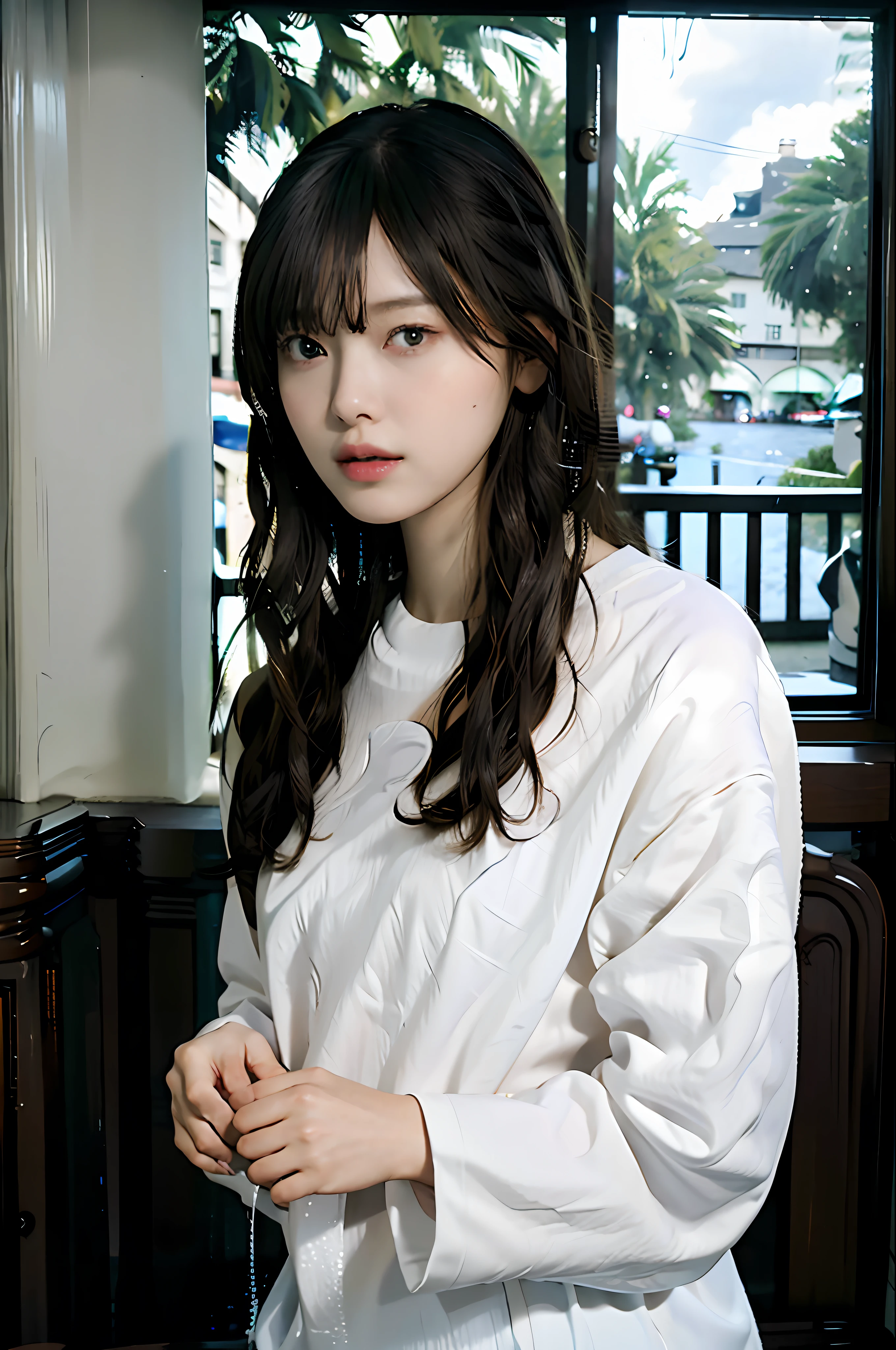 One beautiful woman, front, waist up angle, detailed eyes, big eyes, black eyes, fair skin, slender, black hair, short hair, wet hair, wet skin, background is hotel room with night view, rain outside window, water drops on window, swollen eyes, sad expression, sexy, dressed in plain white t-shirt, night, straight hair, bangs,