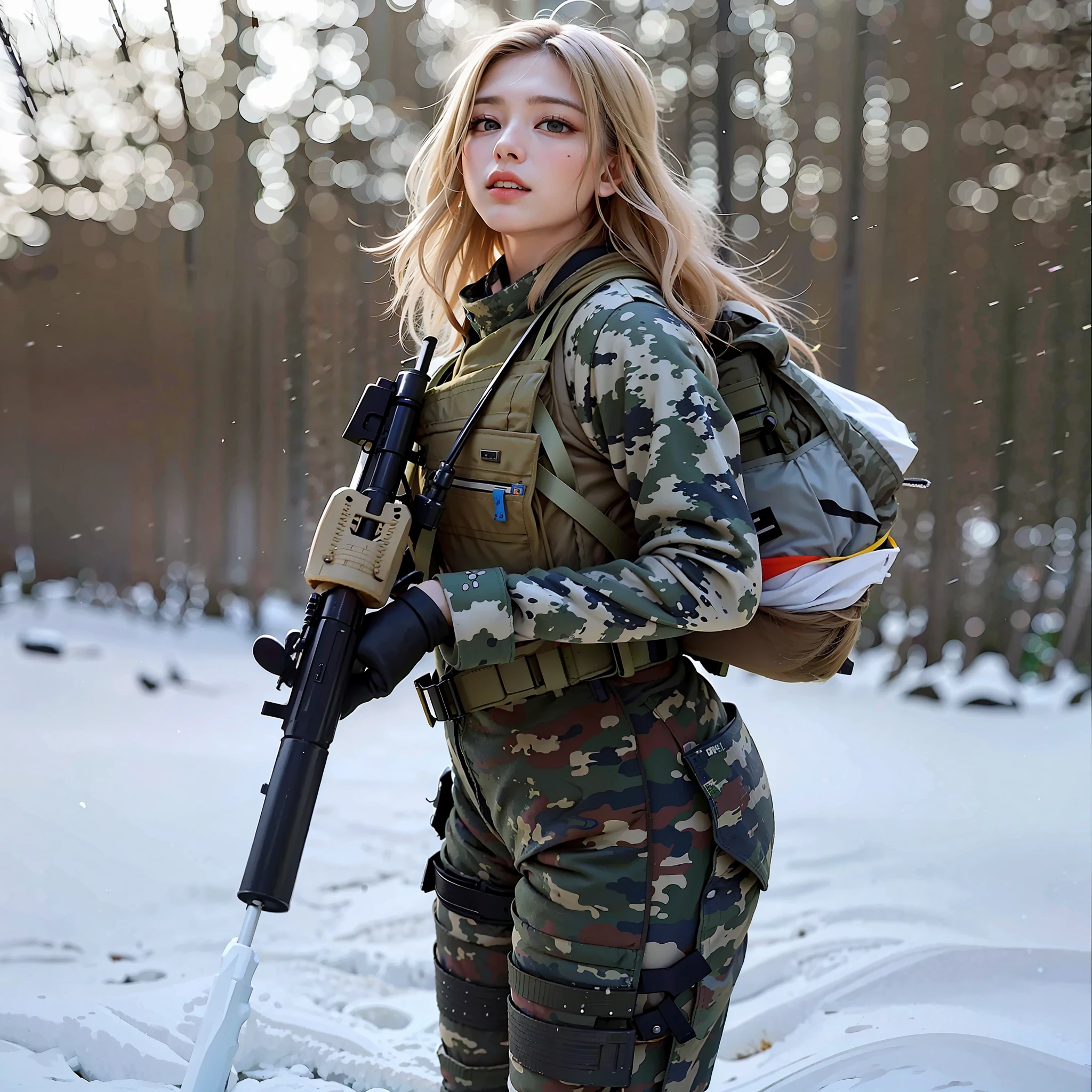 arafed female soldier with a gun in the snow, military girl, beautiful female soldier, carrying a rifle, infantry girl, soldier girl, of a sniper girl in war, military photography, with rifle, holding a rifle, a full portrait of nordic female, dressed in tactical armor, miltary, wearing military outfit, holding rifle, wearing tactical gear