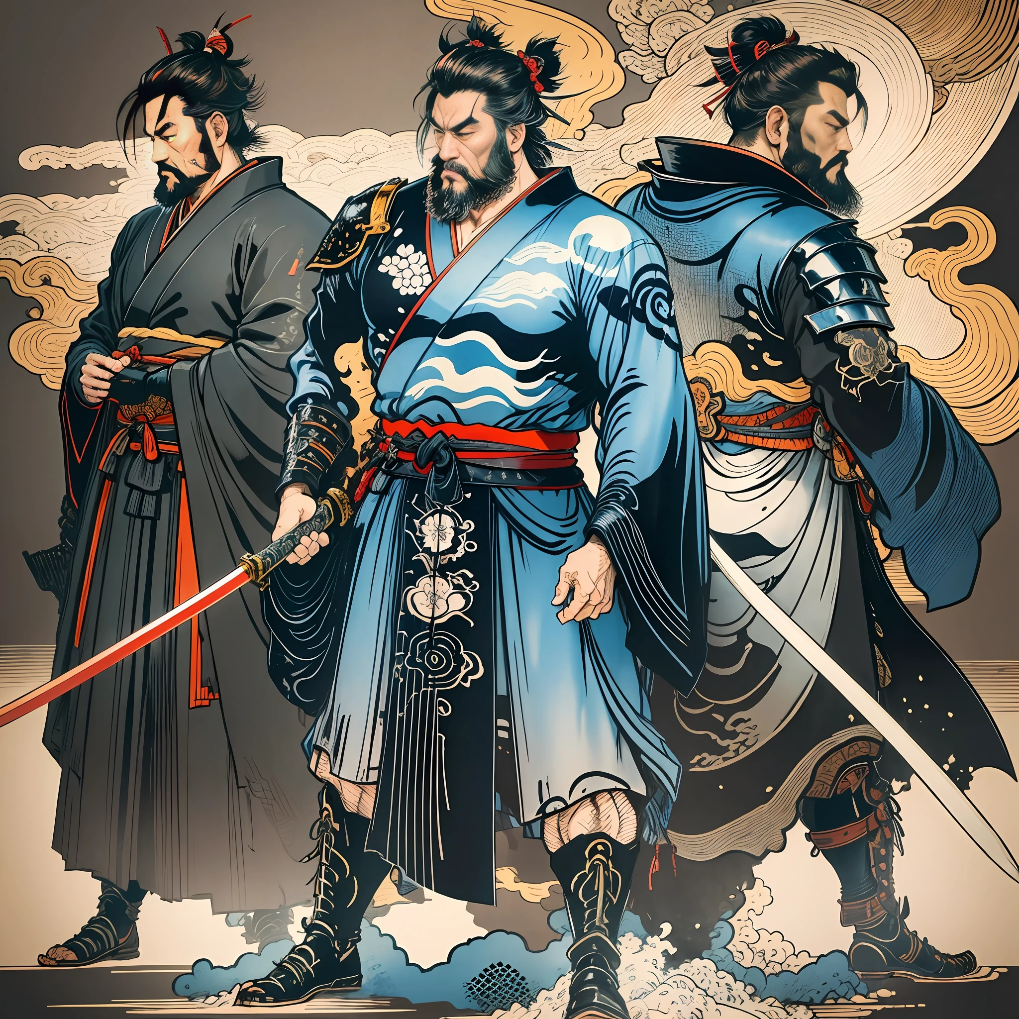 It is a full-body painting with natural colors with Katsushika Hokusai-style line drawings. The swordsman Miyamoto Musashi has a big body like a strongman. Samurai of Japan. With a dignified but manly expression of determination, he confronts evil spirits. He has black short hair and a short, trimmed beard. His upper body is covered with a jet black kimono with a glossy texture, and his hakama is knee-long. In his right hand he holds a Japan sword with a longer sword part. In the highest quality, masterpiece high resolution ukiyo-e style lightning and swirling flames. Among them, Miyamoto Musashi is standing with his back straight, facing the front.