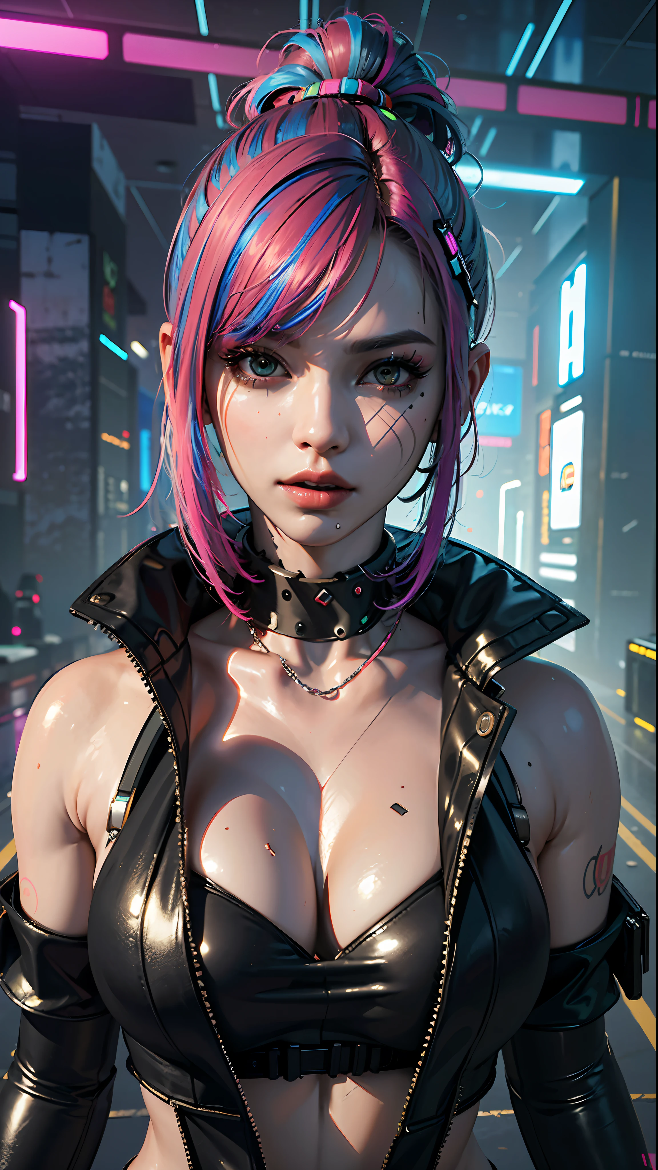 ((Best quality)), ((masterpiece)), (highly detailed:1.3), 3D, beautiful (cyberpunk:1.3) hacker woman with colored hair, black clothes looking at camera