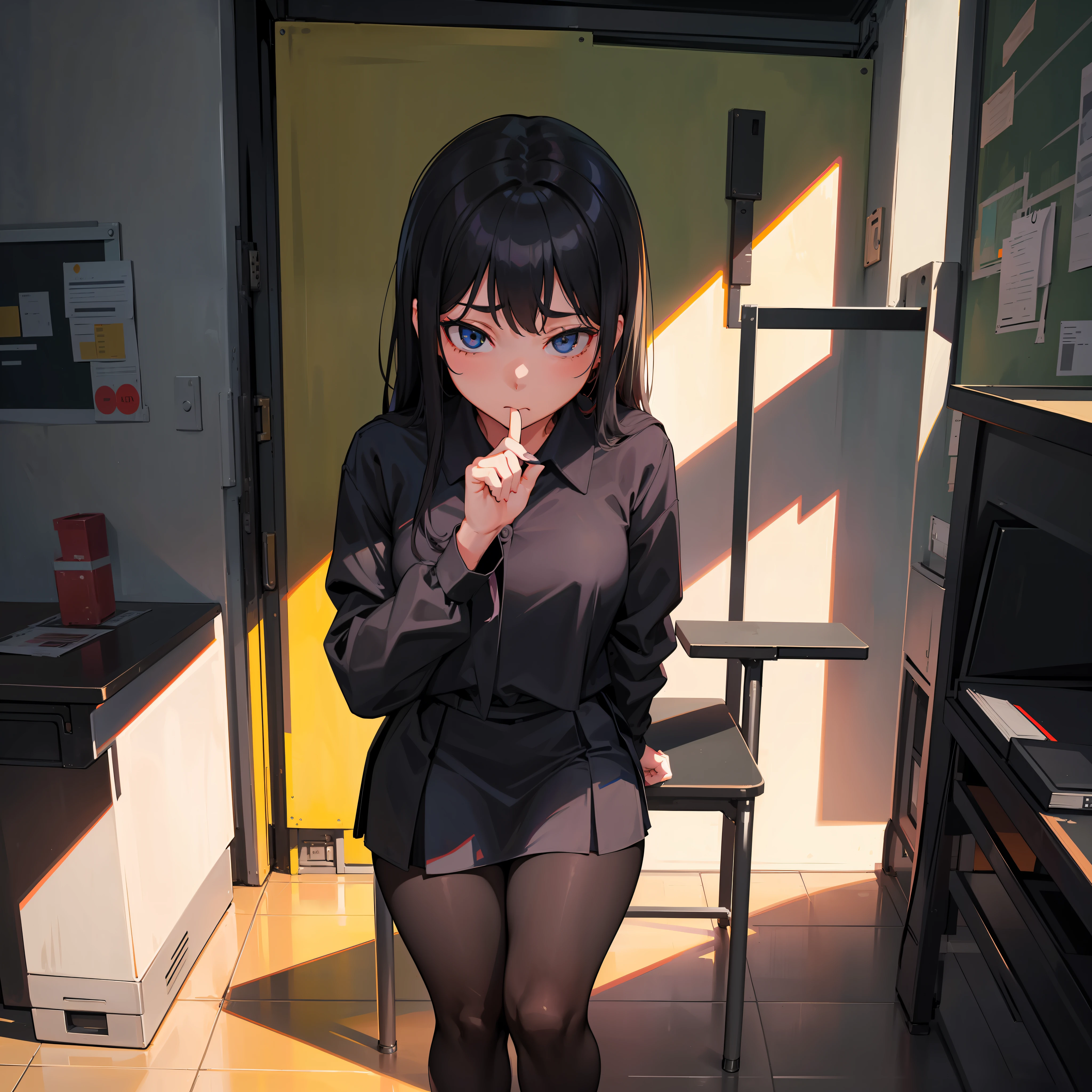 There is a girl wearing a black jumpsuit sitting at a desk, a surreal girl, in the classroom, surreal girl, Internet girl, standing in class, teacher, realistic girl, temperament: 8, student, thighs and skirt, girl, full body Immortal, (SFW) work safety, Sakimichan HDRI