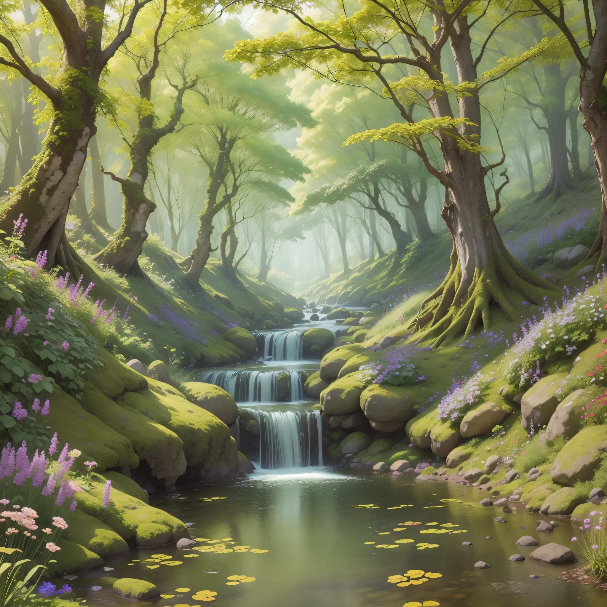 (best quality)), (no photos of people), in the forest, frogs, quiet ponds, a lot of wildflowers, streams, stones, mosses,