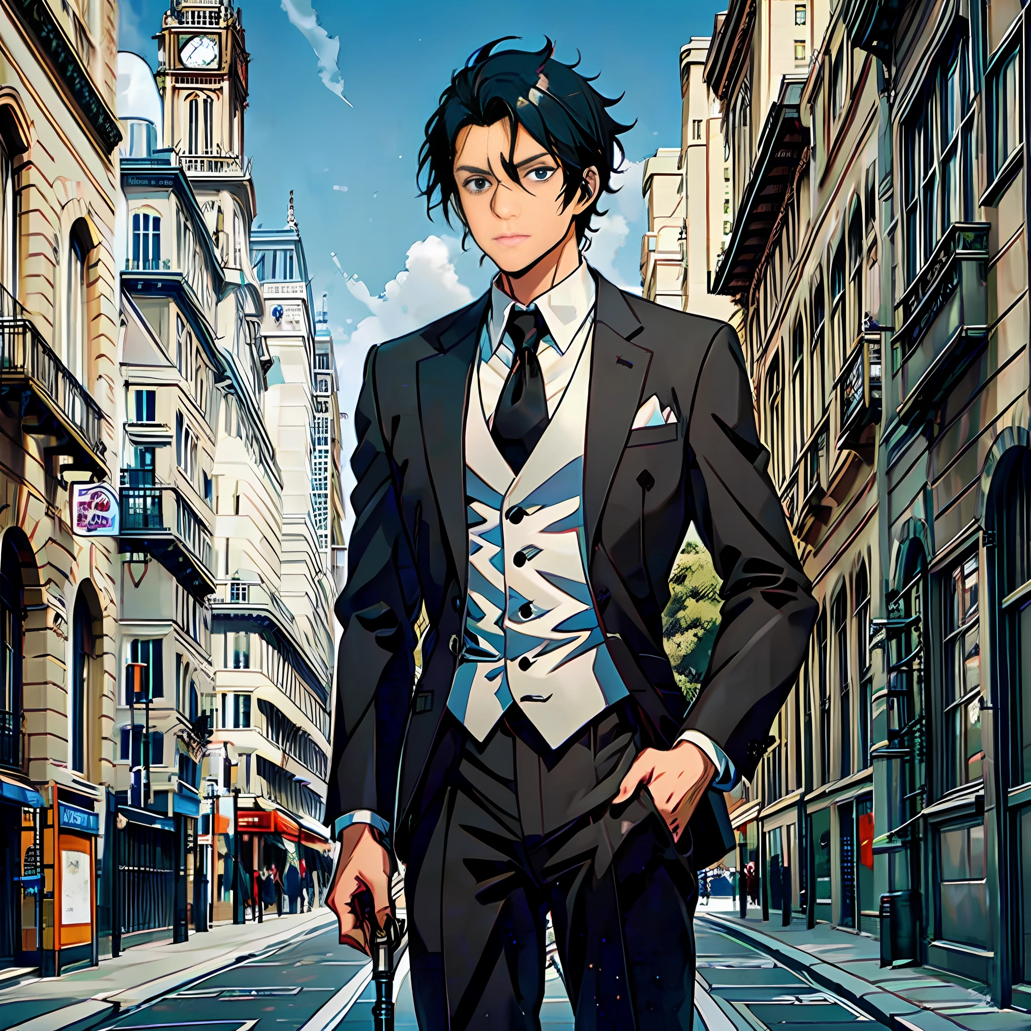 Black-haired man in a black swallow-tailed suit, blue eyes, fair skin, calm thinking, calm demeanor, holding a cane in one hand, under a clock tower in the square