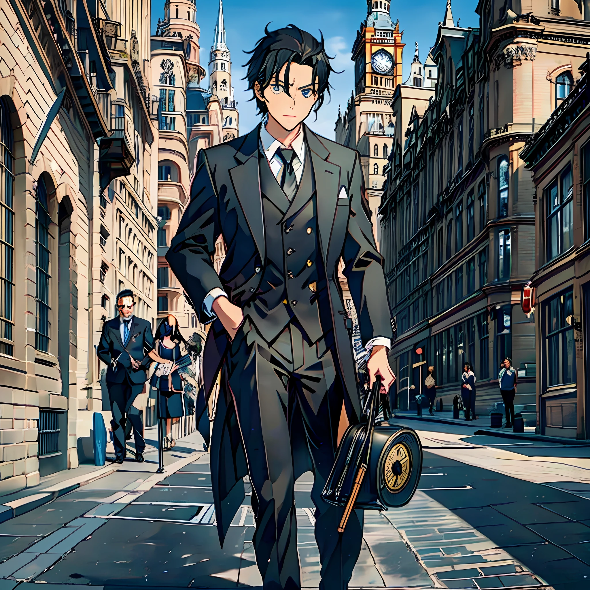 Black-haired man in a black swallowtail suit, blue eyes, fair skin, holding a cane in one hand and a suitcase in the other to think quietly, in the background under a clock tower in the square