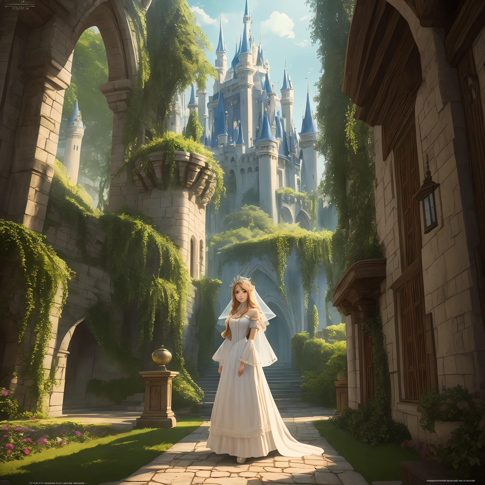 there is a beautiful woman in a white dress standing in front of a castle, highly detailed face, beautiful render of a fairytale, fantasy fairytale story, walking in a castle, romantic storybook fantasy, retro and fantasy style, standing near a castle, nostalgia for a fairytale, nostalgia of a fairytale, fairy tale style background, portrait of magical lolita girl, fairytale style, fantasy photoshoot, highly cinematic, chiaroscuro, hyper realistic, 8k resolution