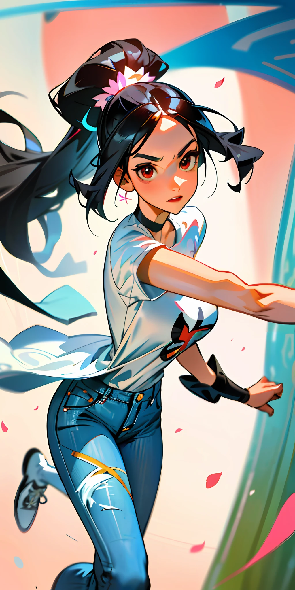 :: comix style by Serg Acuna:: beautiful, perfect and detailed, ultra detailed anime style mmorpg last origin clothes with tatoon designs and colors of light pink, black, white and gray, with the mouth open, immersive effects, hover effect, background graffiti style with vibrant colors "hdr ultra" detailed and with focus effect,with sneakers all star converse black (masterpiece:  1.2, best quality), (finely detailed beautiful eyes: 1.2),extremely detailed, depth of field,shot with Canon EOS,lens 135mm f1.8,portrait of [x]((1Girl Kelly Brook Beautiful Woman )),long, straight black hair,with a natural glow and stuck like ponytail ((Solo)), (Red eyes:1.4), (Finely detailed eyes and detailed face:1.3),), (With ULTRA DETAILED jeans and a white t-shirt with ultra detailed tatoom print throughout:1.3),  (Beautiful and clear background:1.2), (Extremely detailed CG, Ultra-detailed, Best Shadow:1.1),("" character demonstrating his super power in the fist"")((Depth of field and blur)), ((Watercolor)), Large breasts, Bare shoulders, Flowers and petals, Beautiful conceptual illustration , (white background:0.5), (Illustration :1.1), (extremely thin and beautiful: 1.1), (perfect details: 1.1) graffiti style background, freedom, soul, digital illustration,  perfect anatomy, centered,