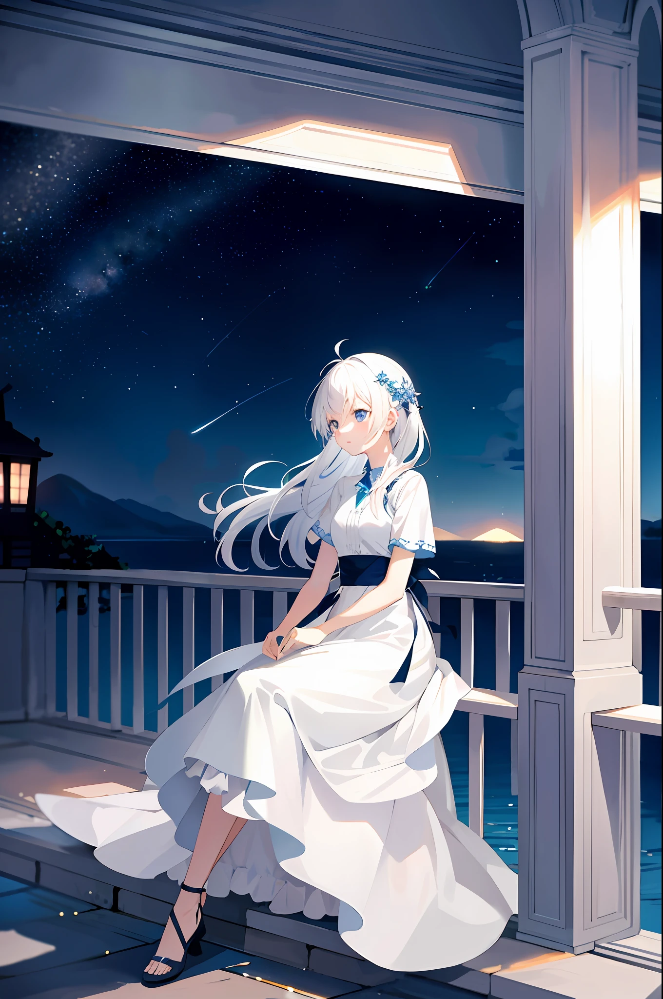 (masterpiece) A breathtaking scene of a beautiful (blue-eyed:1.2), (white-haired:1.1) girl sitting on a railing, surrounded by a majestic and vast night sky. The gentle glow from the fireflies dances around her, as she playfully captures them with her hands, each glow illuminating her delicate features.