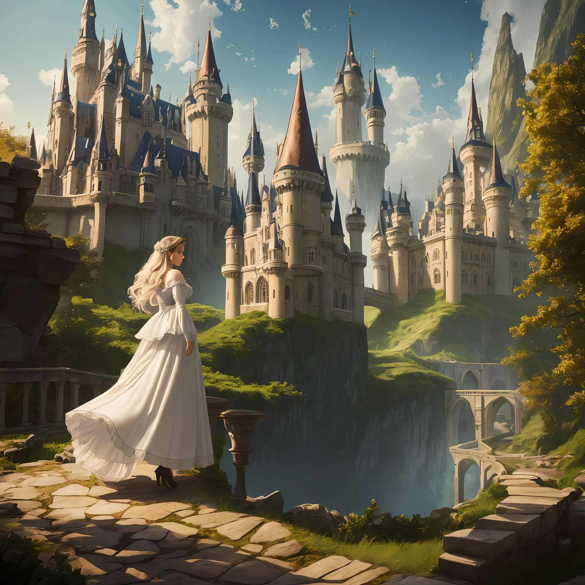 there is a beautiful woman in a white dress standing in front of a castle, highly detailed face, beautiful render of a fairytale, fantasy fairytale story, walking in a castle, romantic storybook fantasy, retro and fantasy style, standing near a castle, nostalgia for a fairytale, nostalgia of a fairytale, fairy tale style background, portrait of magical lolita girl, fairytale style, fantasy photoshoot, highly cinematic, chiaroscuro, hyper realistic, 8k resolution