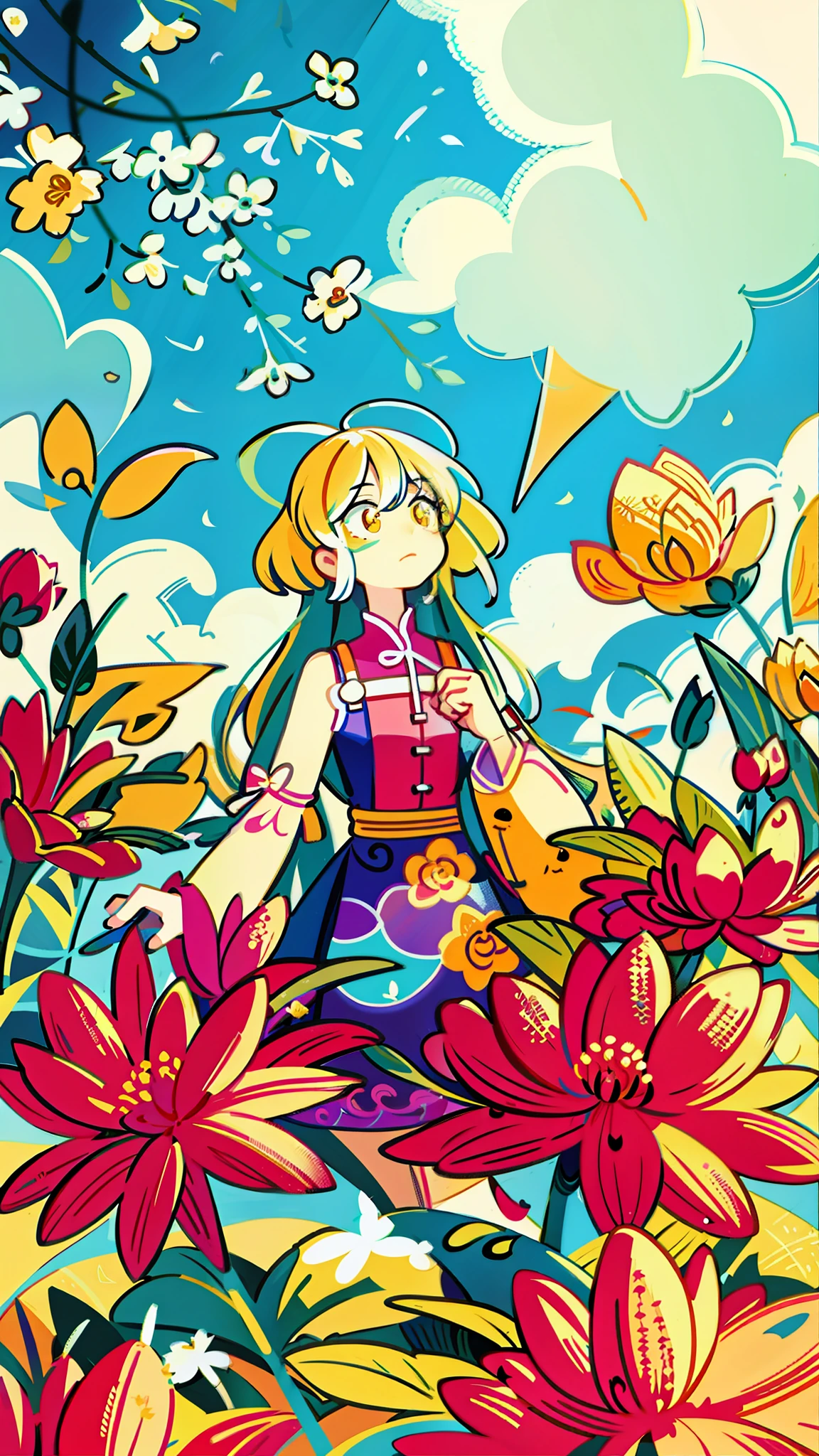 close-up of a cartoon girl, cute girl, kawaii, big eyes, spring scene, spring, flowers, meadow, warm sun, delicate face, fairy tale style, beautiful sky, wearing a beautiful dress, super high detail, super high resolution, award-winning work, masterpiece, lo-fi illustration style, flat illustration, cute illustration, surrounded by yellow-pink red flowers, digital illustration style, fantastic, beautiful artwork illustration, high quality detail art, beautiful scenes,, beautiful artwork illustration, Hand drawn cartoon art style, painting illustration, simple and clean illustration, inspired by Ma Yuanyu, Yang J, inspired by Cui Bai, inspired by Puhua