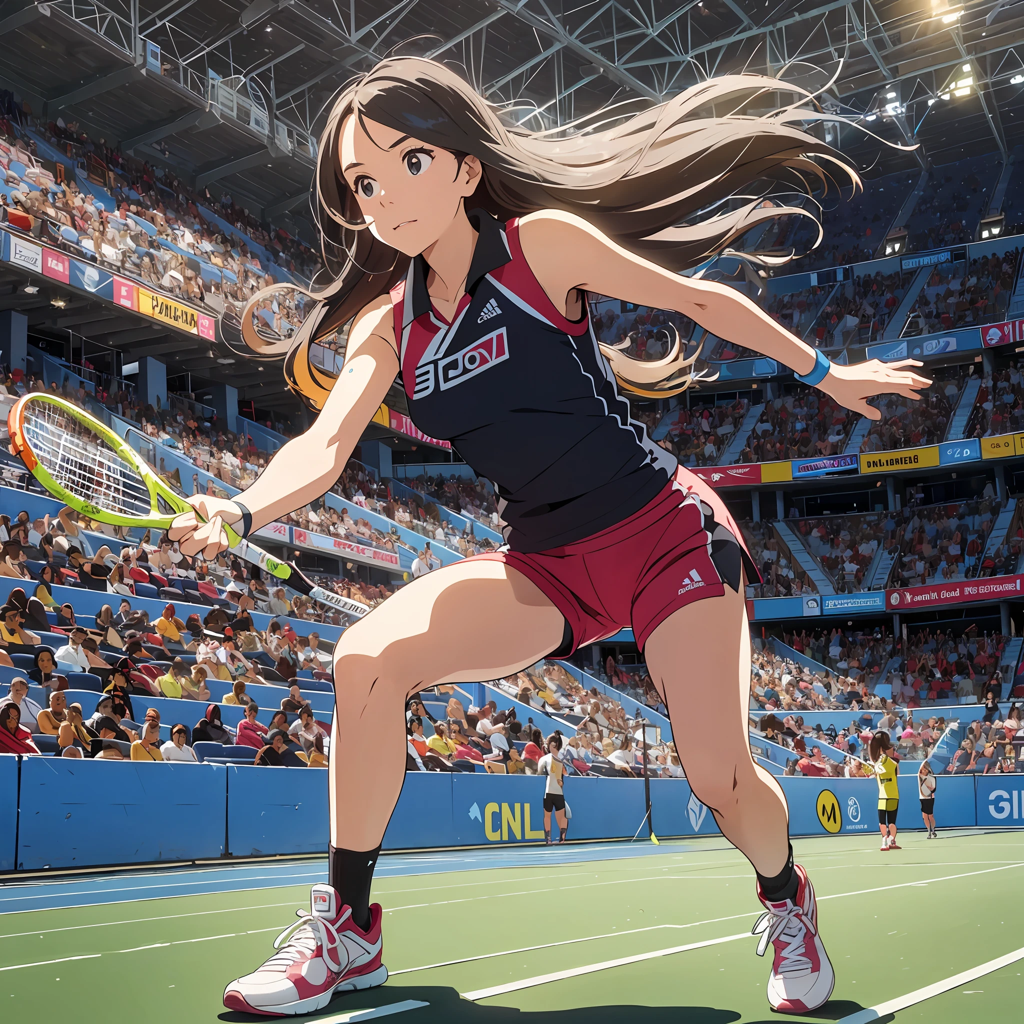 (Beautiful long hair: 1.1), (Bright color: 1.2), Single person, a girl playing squash in the stadium, wearing a sports vest and shorts, simple sneakers, holding a racket, graceful movements, slightly raised corners of the mouth, confident expression, detailed trajectory and curvature of the racket, and fresh background on the field --auto --s2