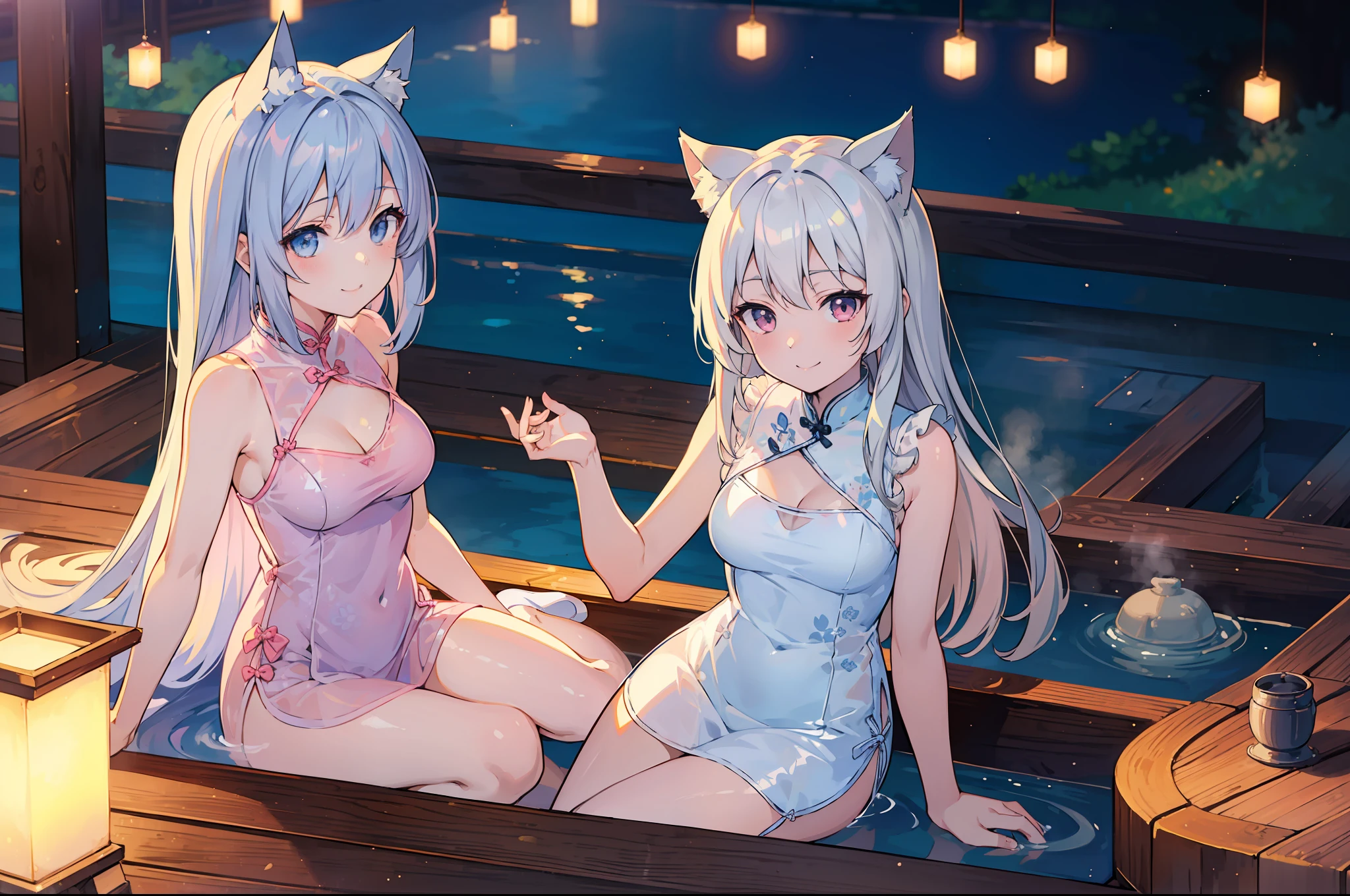 Masterpiece, top quality anime illustration, super detailed, two girls, silver-haired beautiful girl, anime , cat ear loliort cheongsam, sleeveless, pale color pink see-through cheongsam and light blue see-through cheongsam in pale color, smile, bare skin lateral breast, thigh focus, cleavage emphasis, hot spring
