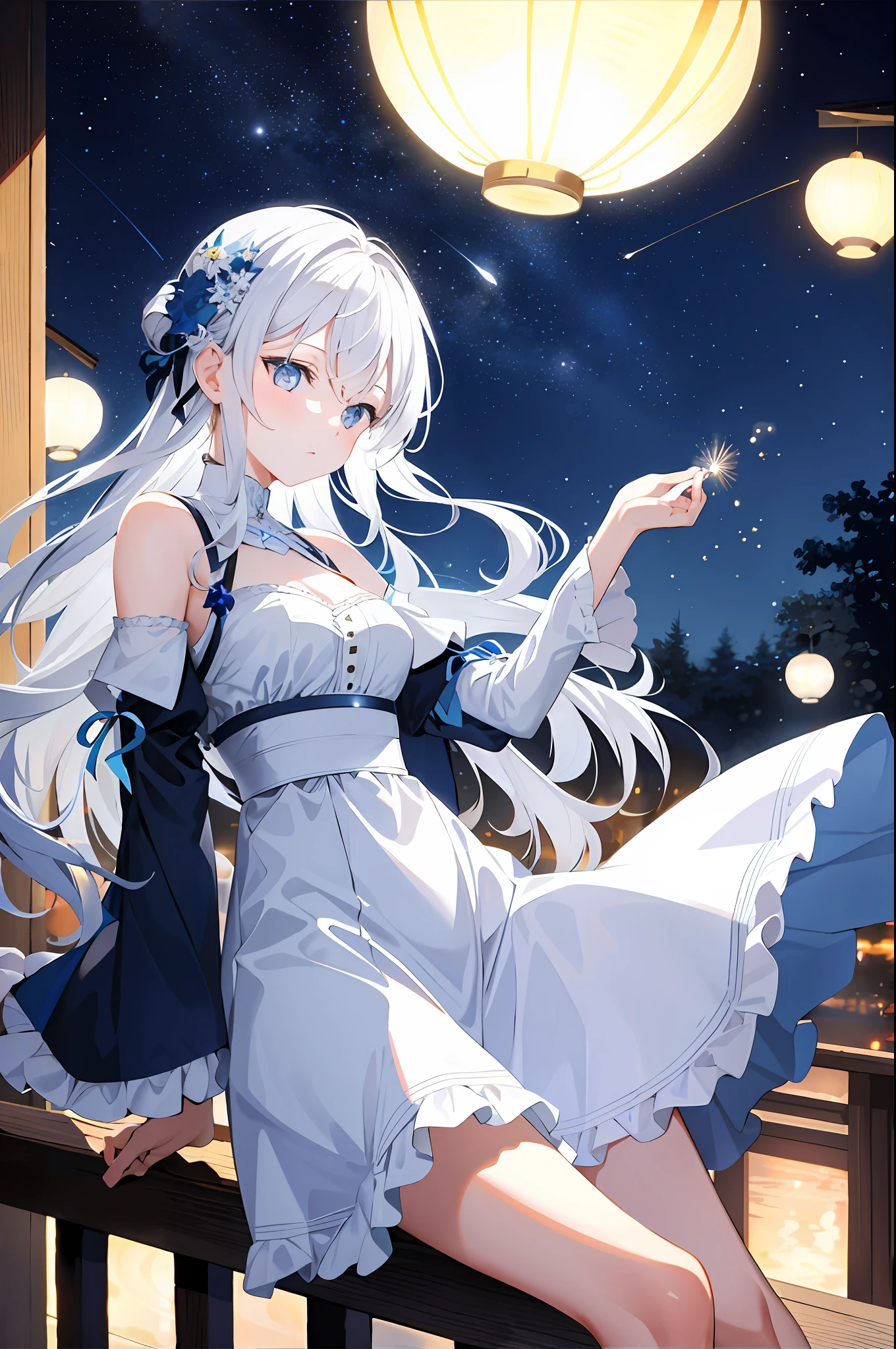 (masterpiece) A breathtaking scene of a beautiful (blue-eyed:1.2), (white-haired:1.1) girl sitting on a railing, surrounded by a majestic and vast night sky. The gentle glow from the fireflies dances around her, as she playfully captures them with her hands, each glow illuminating her delicate features.