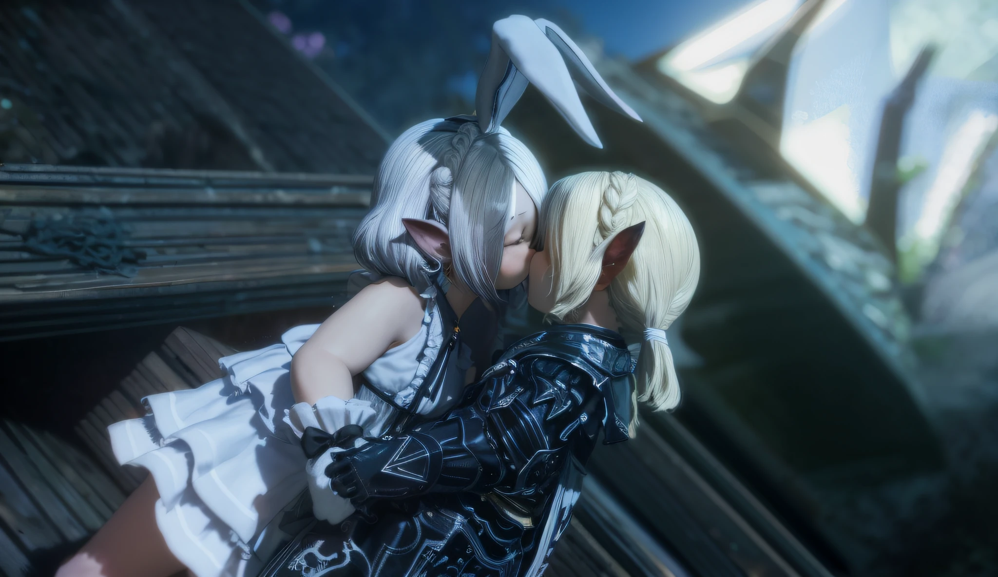 anime characters dressed in costumes hugging each other in front of a building, kissing together cutely, lalafell, kissing each other, kissing together, captured on canon eos r 6, 2b, 2 b, lovely kiss, tranding on pxiv, from lineage 2, cinematic shot ar 9:16 -n 6 -g --auto --s2