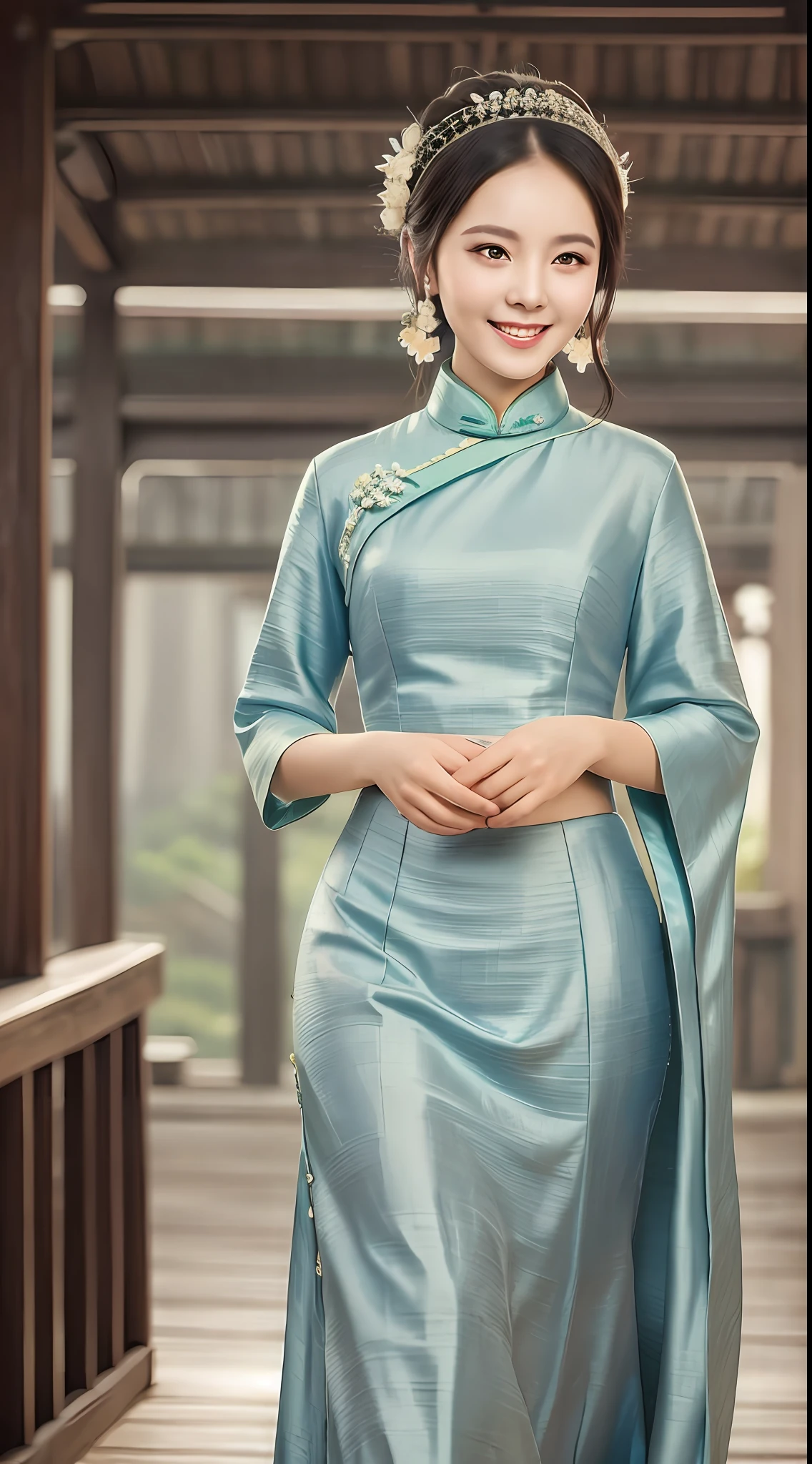 Mature woman, beautiful and elegant lady, walking in the Jiangnan Smoke and Rain Pavilion, exquisite retro long skirt, with complex and beautiful headdress, smile, movie texture, soft background light, early morning sun hitting the face, moving and beautiful