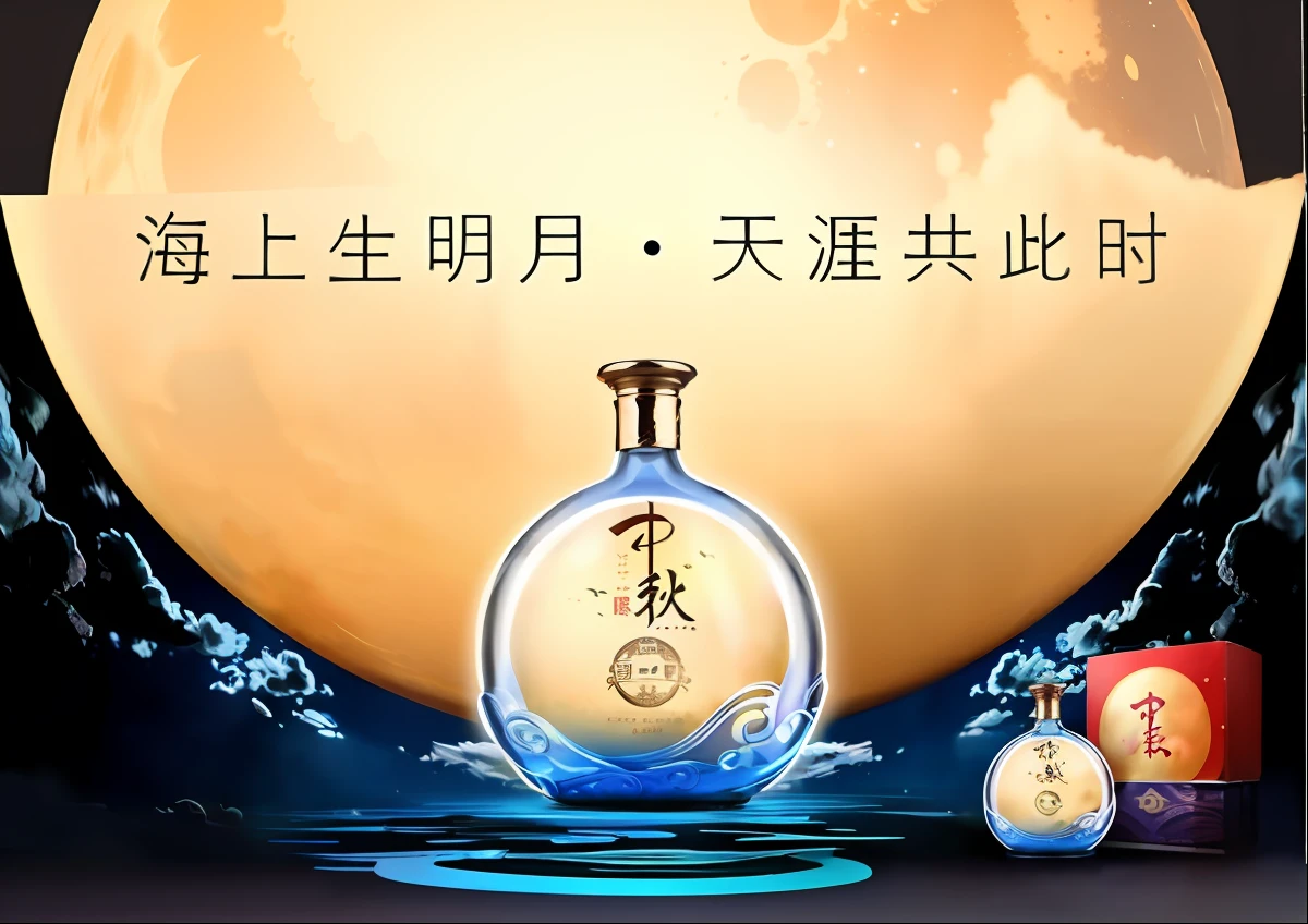 there is a bottle of perfume with a picture of a moon in the background, guangjian, inspired by Pu Hua, inspired by Luo Mu, inspired by Dong Yuan, ruanjia, gujian, inspired by Cao Buxing, 千 葉 雄 大, inspired by Cao Zhibai, xianxia fantasy