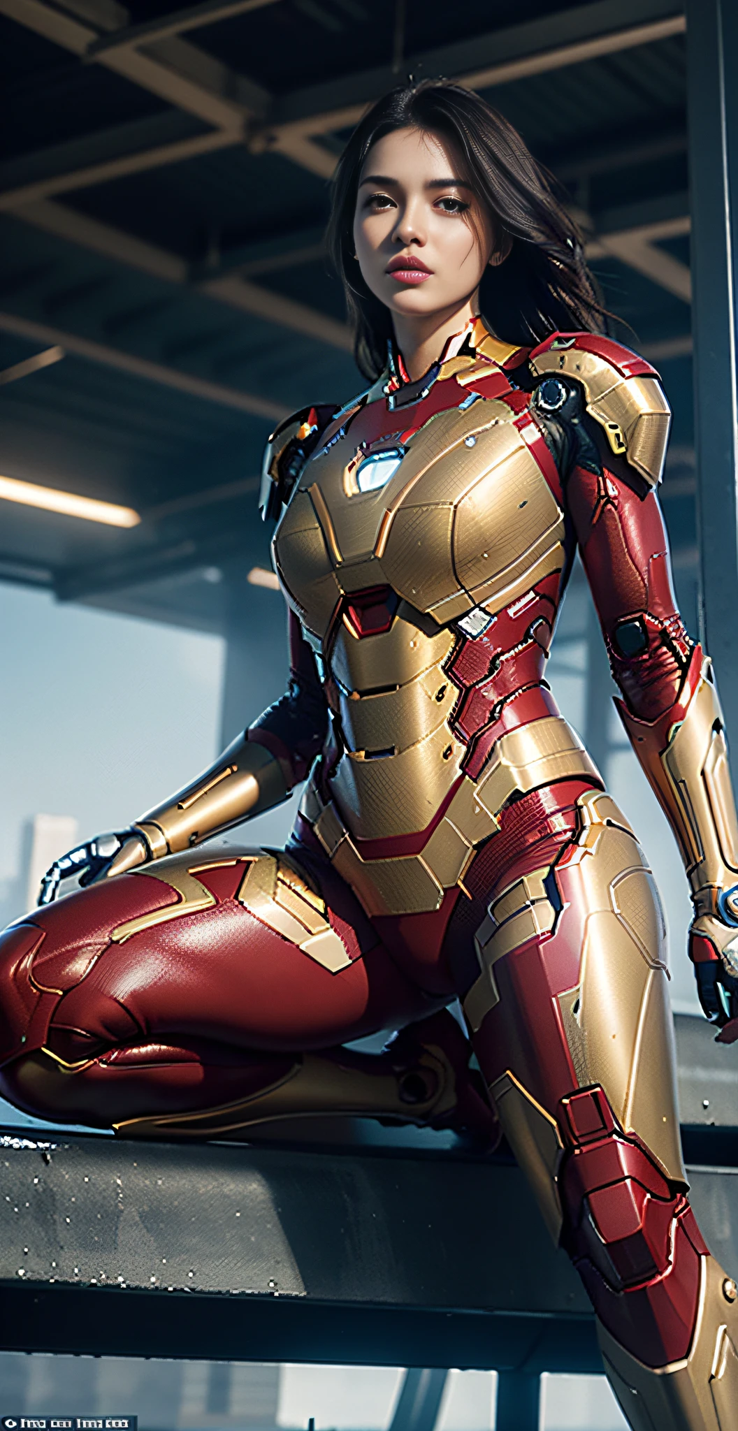 RAW, Masterpiece, Ultra Fine Photo,, Best Quality, Ultra High Resolution, Photorealistic, Sunlight, Full Body Portrait, Stunningly Beautiful,, Dynamic Poses, Delicate Face, Vibrant Eyes, (Side View) , she is wearing a futuristic Iron Man mech, red and gold color scheme, highly detailed abandoned warehouse background, detailed face, detailed and complex busy background, messy, gorgeous, milky white, high detailed skin, realistic skin details, visible pores , sharp focus, volumetric fog, 8k uhd, dslr camera, high quality, film grain, fair skin, photorealism, lomography, sprawling metropolis in futuristic dystopia, view from below, translucent