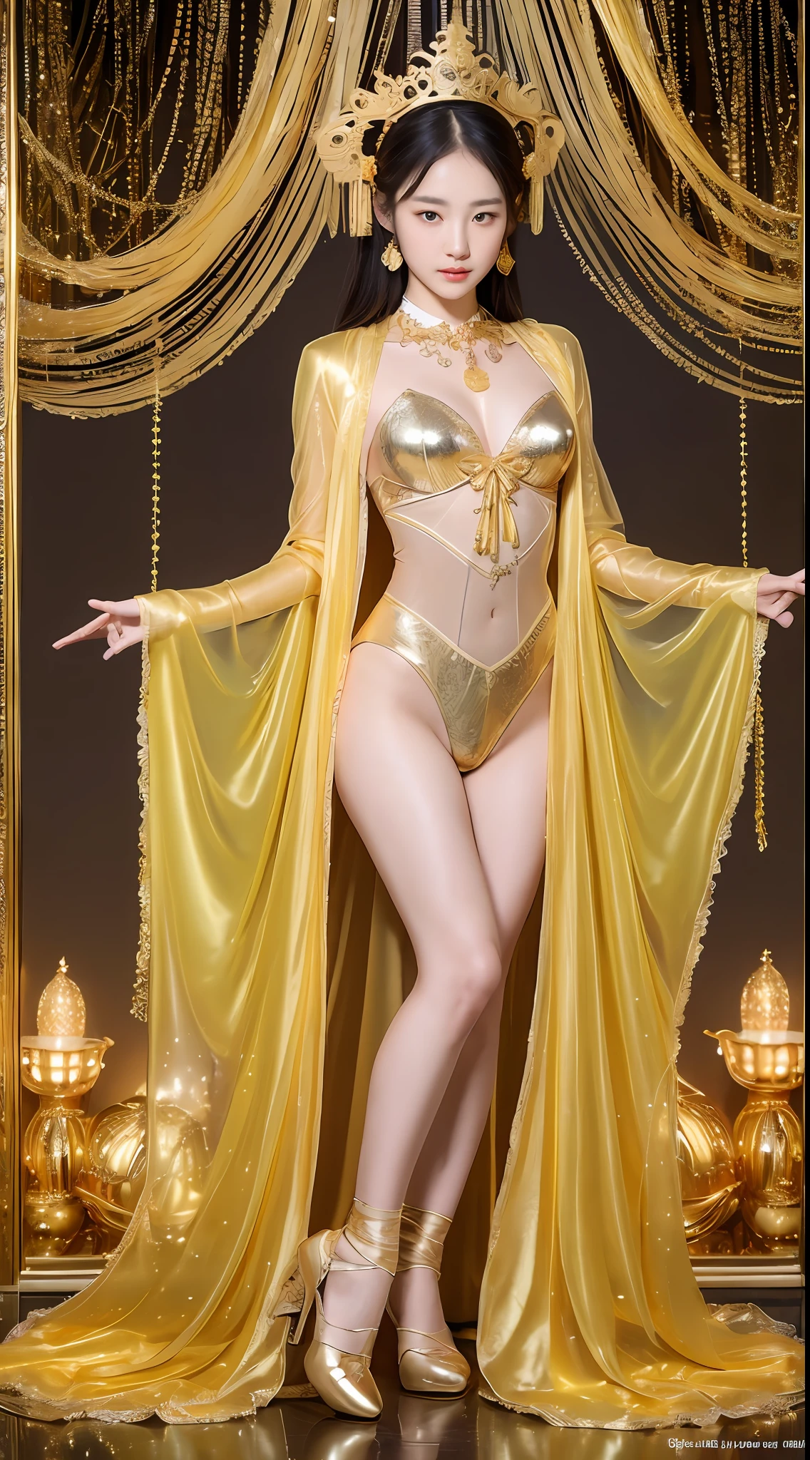 Ultra-realistic 8k CG, realistic photo, one -yeld beiful girl, (H cup big), transparent golden veil and pale golden scarf, (golden see-through decorated golden leotard), (wearing golden transparent fluttering ribbon-like cloth), (praying with hands together in front of chest), beautiful costume, high quality costume, exquisite rendering, exotic costume, High quality theatrical costume, she is Guanyin Bodhisattva, (gravure photo), (long shot), (petite, small face, slim, slender), (very small crown on the head), (delicate whole body) luxury golden jewelry costume, golden necklace, golden mesh stockings, golden high heels, (arms out, exposed), (cleavage, exposed), (thighs out, exposed), fair skin, delicate face shape, Delicate hands, (balanced hands), exquisite rendering, prayer, (golden temple), (golden altar), (full body, standing),