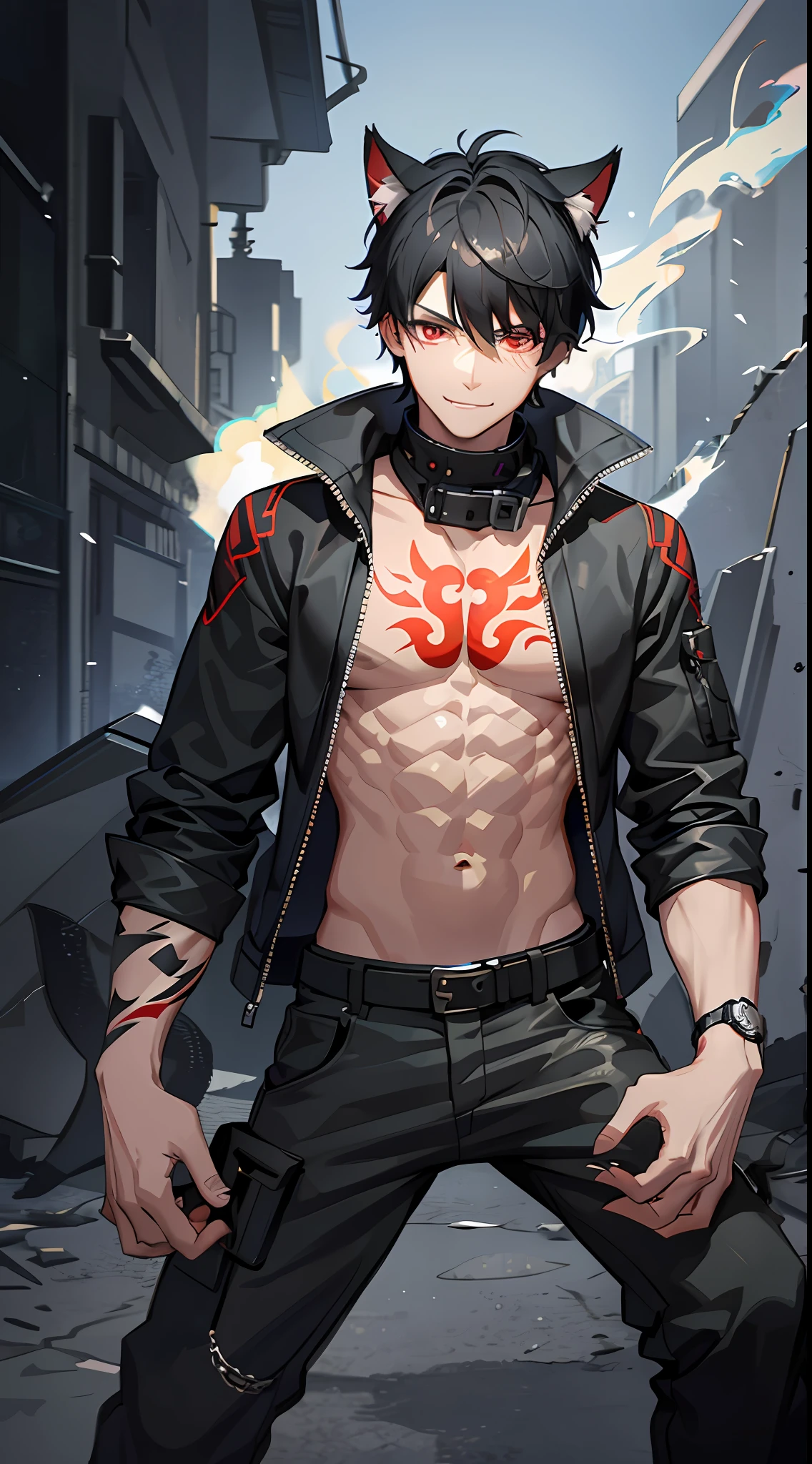 young guy, short black hair, cat ears, red eyes, open chest, muscles, claws, tattoo, scraps, camouflage pants, burns, fire, smile, masterpiece, high quality