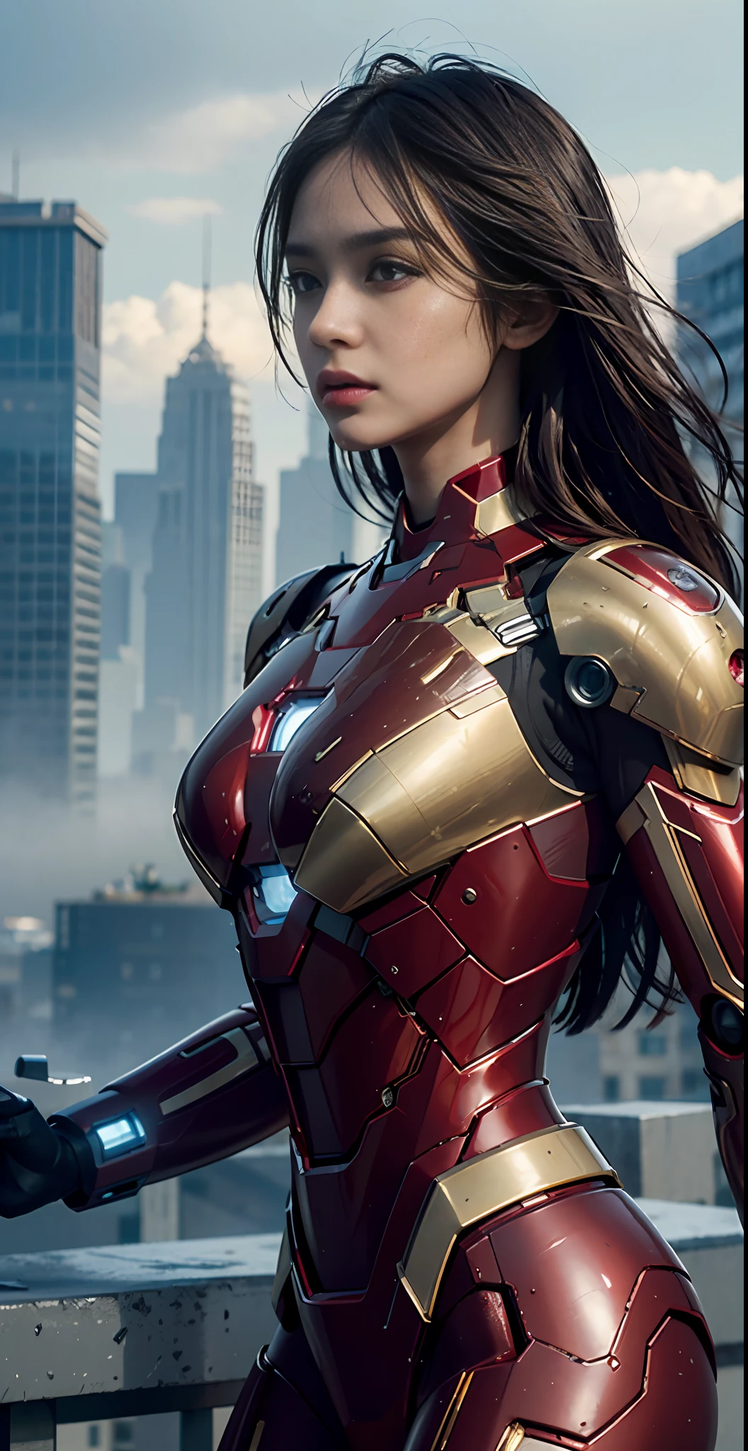 RAW, Masterpiece, Ultra Fine Photo,, Best Quality, Ultra High Resolution, Photorealistic, Sunlight, Full Body Portrait, Stunningly Beautiful,, Dynamic Poses, Delicate Face, Vibrant Eyes, (Side View) , she is wearing a futuristic Iron Man mech, red and gold color scheme, highly detailed abandoned warehouse background, detailed face, detailed and complex busy background, messy, gorgeous, milky white, high detailed skin, realistic skin details, visible pores , sharp focus, volumetric fog, 8k uhd, dslr camera, high quality, film grain, fair skin, photorealism, lomography, sprawling metropolis in futuristic dystopia, view from below, translucent