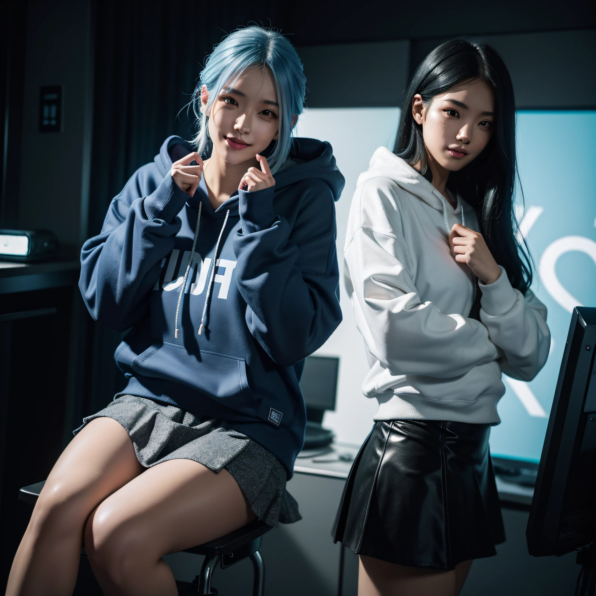Girl,, Skirt at the bottom, Blue-white gradient hair, Hooded sweatshirt, Cyberpunk background, Smiling and handsome expression, Tick gesture, photographic works, RAW, Glamorous photos, dark blue hair, mole under eye, longeyelashes, moaning, cinematic lighting, ray tracing, depth of field, Surrealism, cinematic lighting, ray tracing, stereogram, UHD, UHD, UHD, ccurate, UHD, high details, highres, 8k, UHD, ccurate, textured skin, high details, high quality, best quality, masterpiece, 8k, highres