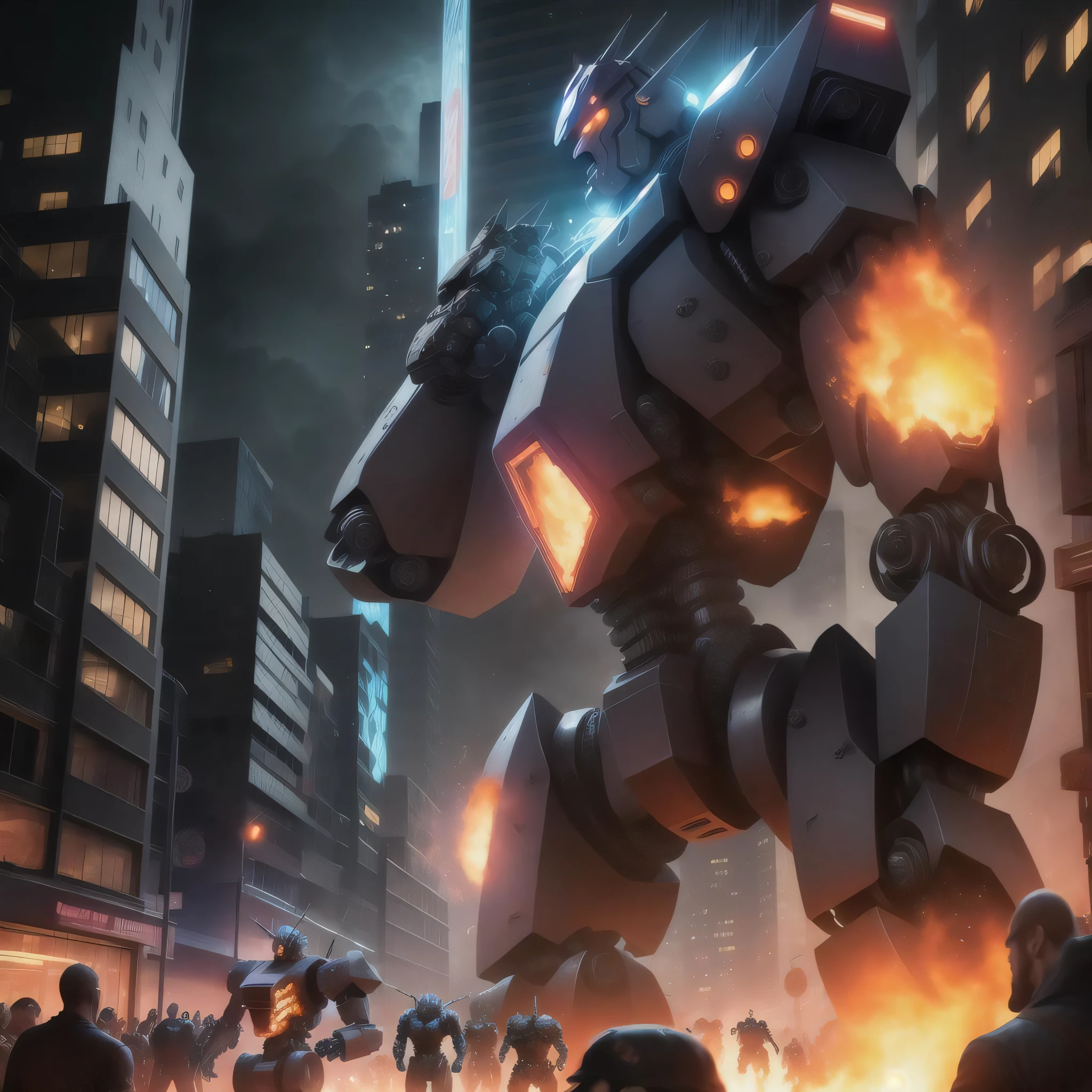 masterpiece, best quality,illustration, shape man invading city, fire, (battle scene:1.2), many people, (Huge mech:1.3), fear, night scene,game cg, extremely detailed cg unity 8k wallpaper, cityscape, glowing light, motion blur, monster, orc, goblin, looking up,(Escape crowd:1.2)