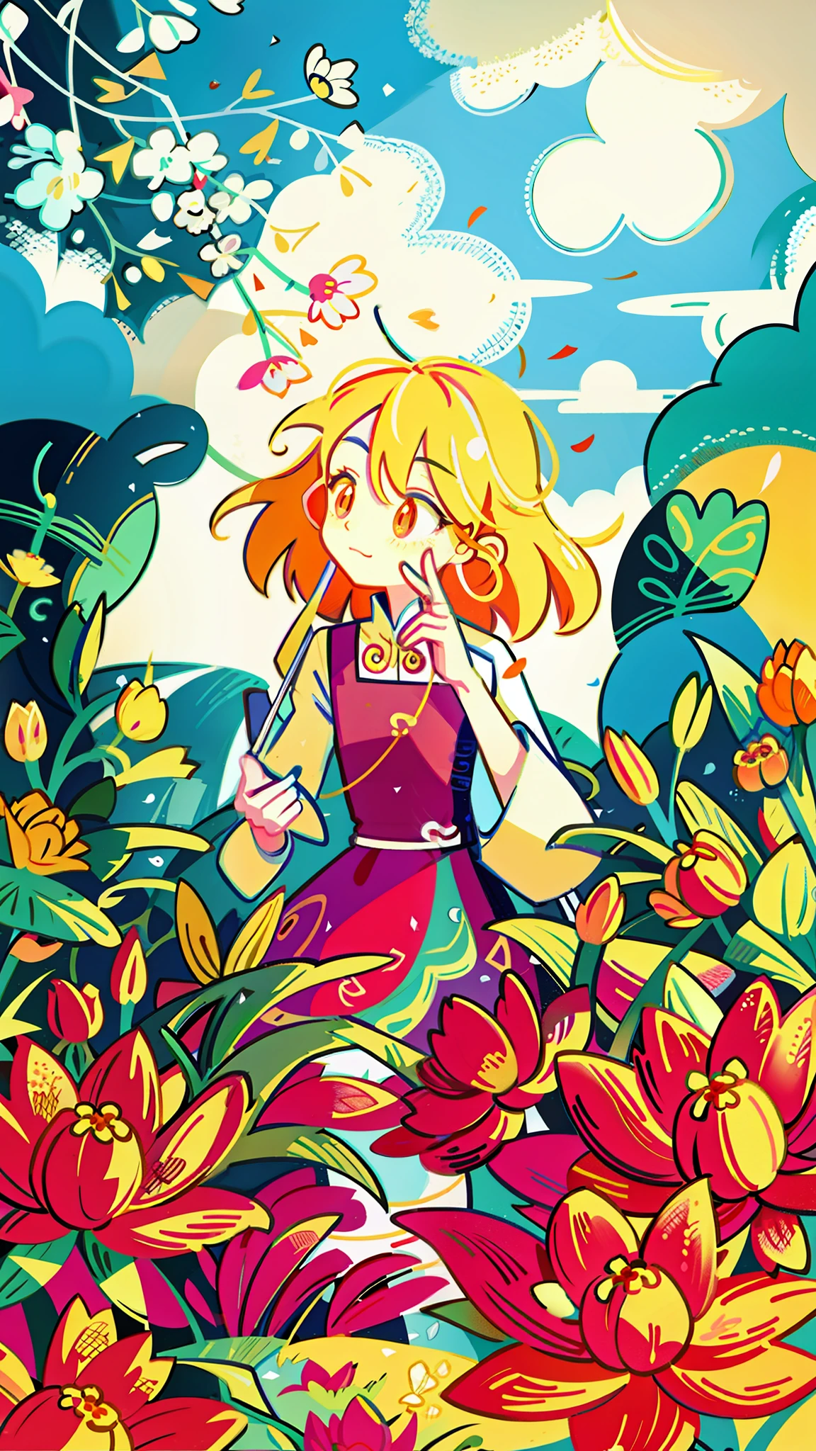 close-up of a cartoon girl, cute girl, kawaii, big eyes, spring scene, spring, flowers, meadow, warm sun, delicate face, fairy tale style, beautiful sky, wearing a beautiful dress, super high detail, super high resolution, award-winning work, masterpiece, lo-fi illustration style, flat illustration, cute illustration, surrounded by yellow-pink red flowers, digital illustration style, fantastic, beautiful artwork illustration, high quality detail art, beautiful scenes,, beautiful artwork illustration, Hand drawn cartoon art style, painting illustration, simple and clean illustration, inspired by Ma Yuanyu, Yang J, inspired by Cui Bai, inspired by Puhua