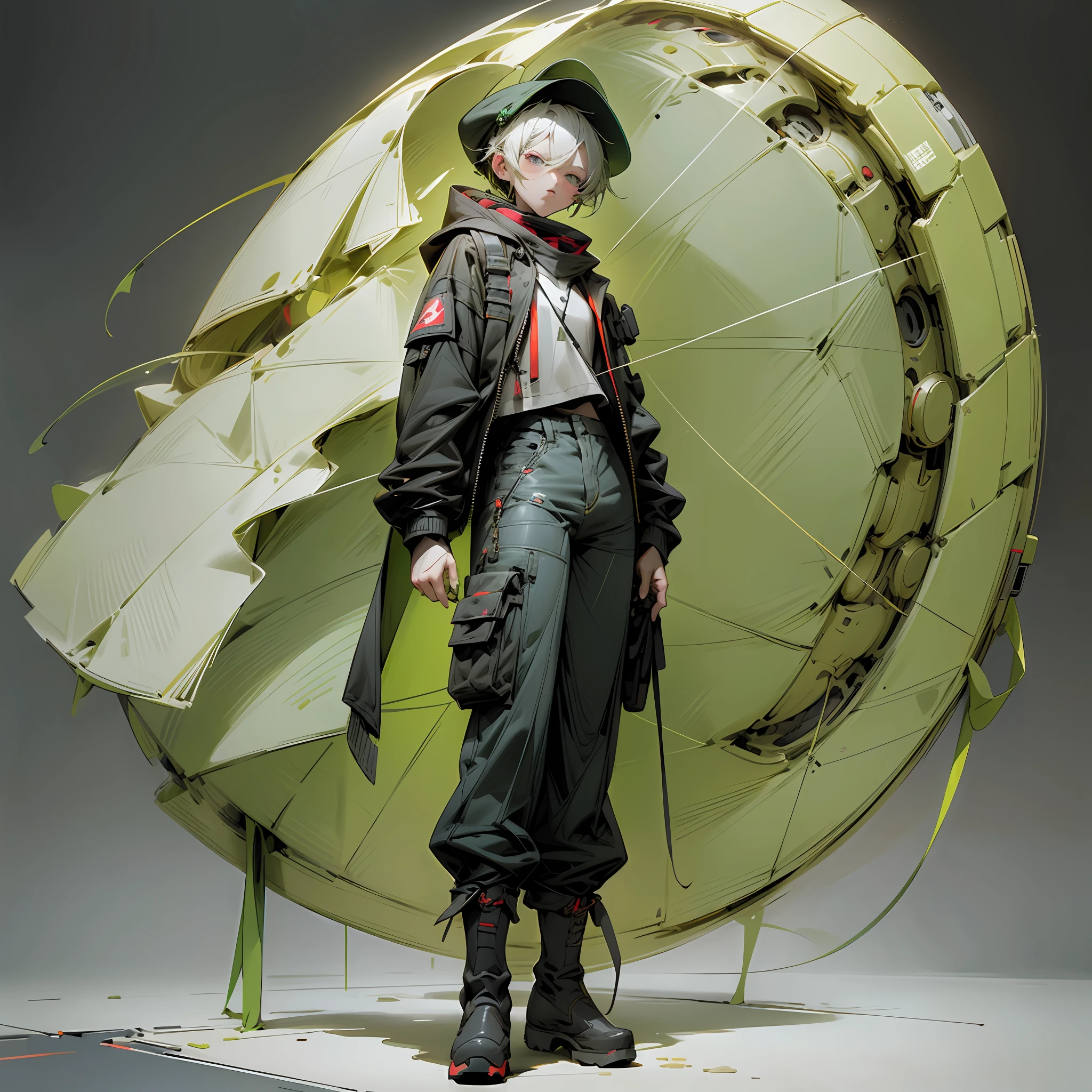 Boy, cool, green and red, cap, jacket, wide-leg pants, boots, full body, blind box style, black background, center, ip by pop mart, physical blind box, edge light, octane rendering, ultra hd, 8K,--ar 3:4 --q 0.5 -- style expressive --niji 5 --auto --s2