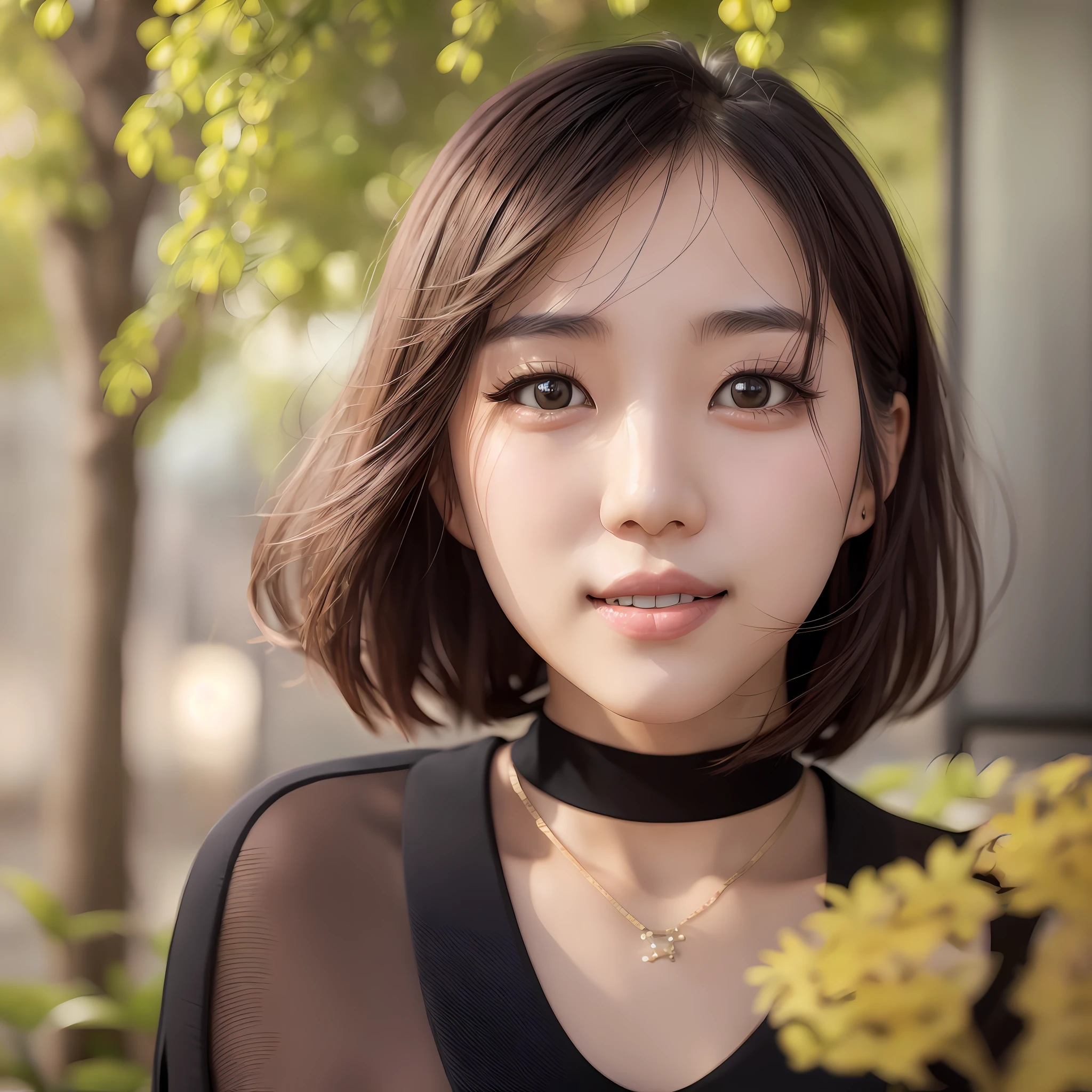 8k uhd, dslr,film grain, Fujifilm XT3,(best quality:1.3), (masterpiece:1.1), high resolution, cinematic light, intricate details, (photorealistic),outside,beautiful outside,sunny,
korean girl,(in cafe:1.5) , dimples, bobcut, looking at viewer, detailed trees, ribbons, bowties, bare shoulders, ribbed sweater,
pencil skirt, high-waist skirt, head rest, sitting, indoors,
necklace,black pantyhose, sheet transportation sweater, (smile),(full body:1.6),slender,