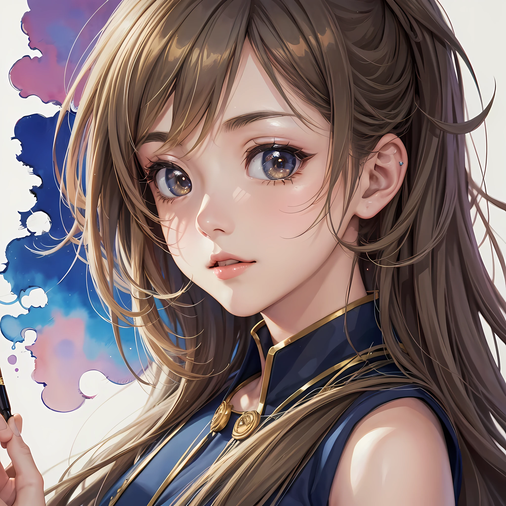 Anime, watercolor, Chinese, painting, art style, (white background: 1.4), original, (illustration: 1.1), (best quality), (masterpiece: 1.1), (color: 0.9), (medium lens: 1.4), upper body, clear and sharp focus, interior, looking at the audience, ((beautiful)), beautiful face, brown hair, black eyes, painting, lively pose