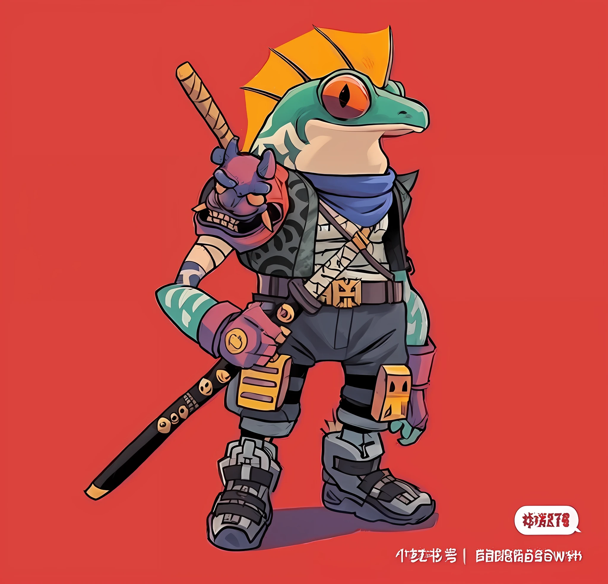 , Toad Warrior, as a badass monster hunter, interesting character design, GTA Chinatowon art style, fortnite art style, great character design, cyberpunk frog, very stylized character design --auto --s2