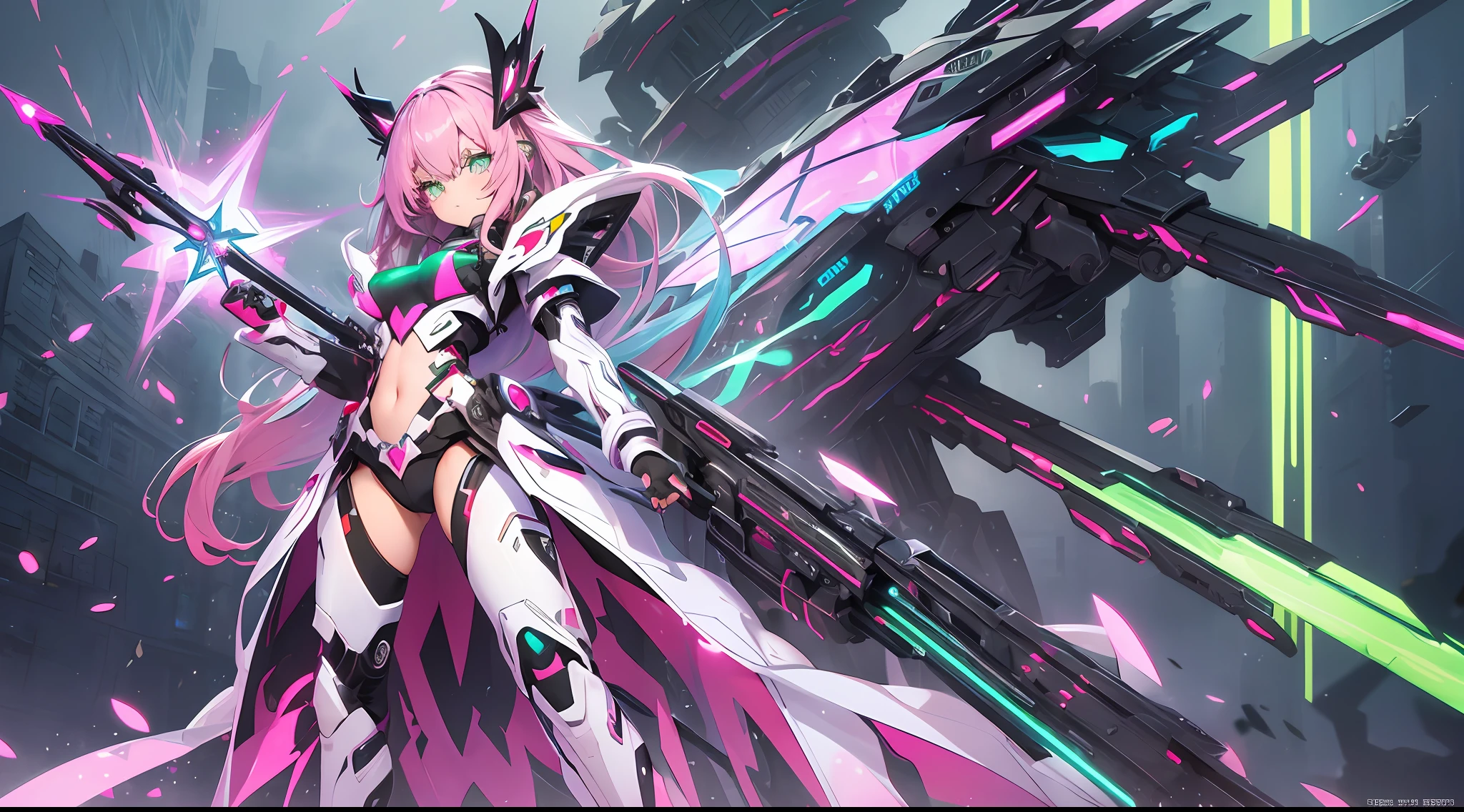 ((Masterpiece))) Full Body, Full Body Shot (One Girl) ((Pink Hair, Long Hair, Straight Hair, Both Sides Up))), ((Green Eyes))), Eyeshadow, Eyeliner, Glow Eye, Hyper Detail Eye, Complex Eyes, Beautiful Eyes, Detailed Eyes, (((Star-shaped pupils, glowing pink pupils))) 18 year old girls. Huge cool spear in hand (wearing a transparent jacket made of PVC material)), huge cool weapon machine, mech, mechanism, machine, open stance, sleep