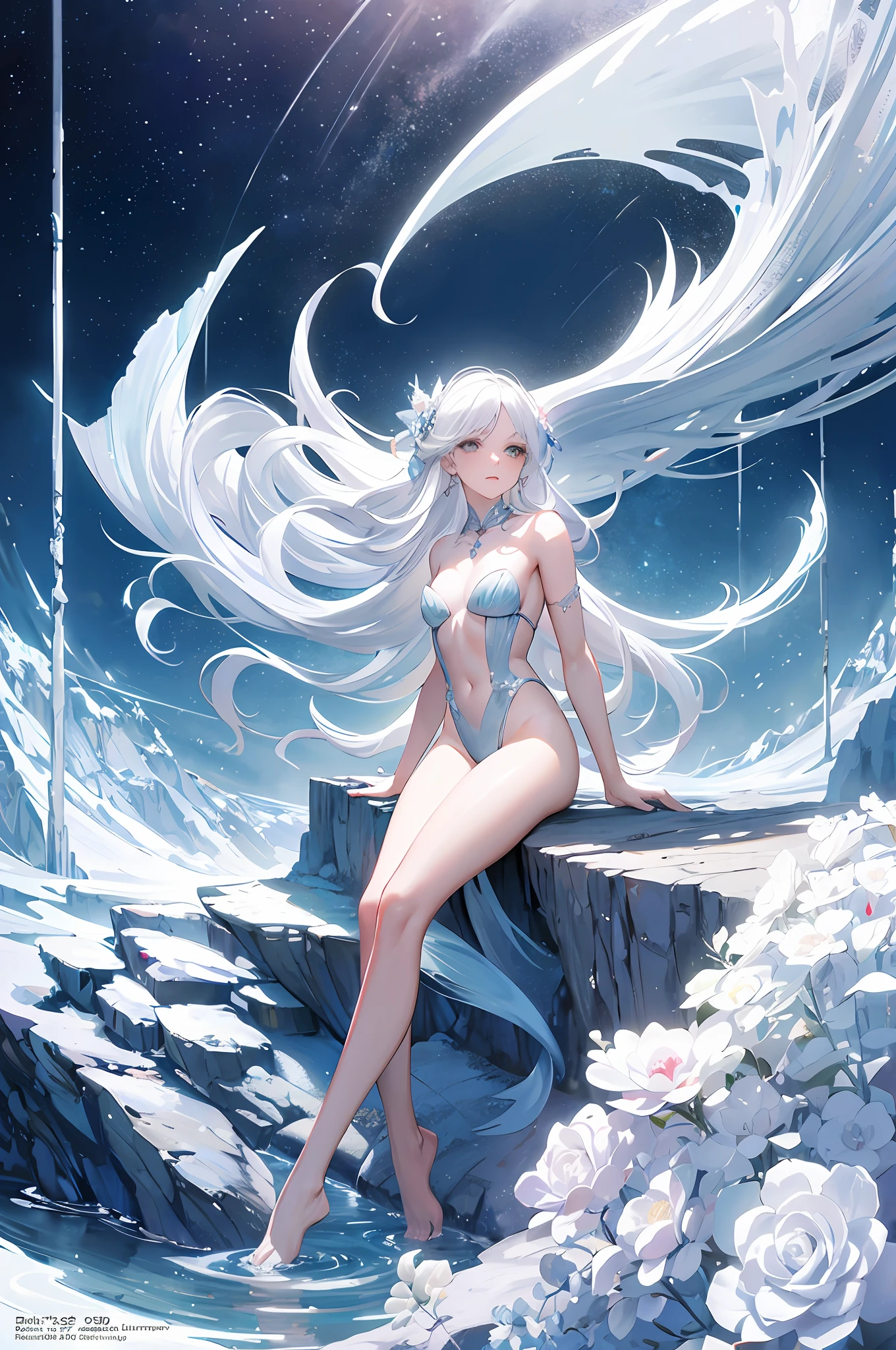 (Masterpiece, Top Quality, Top Quality, Official Art, Beauty and Aesthetics: 1.2), (Full Body, Medium) Mermaid, Dreamy, Ethereal, Romantic, White Hair, Silver Hair, Vivid and Beautiful Lighting --v 6