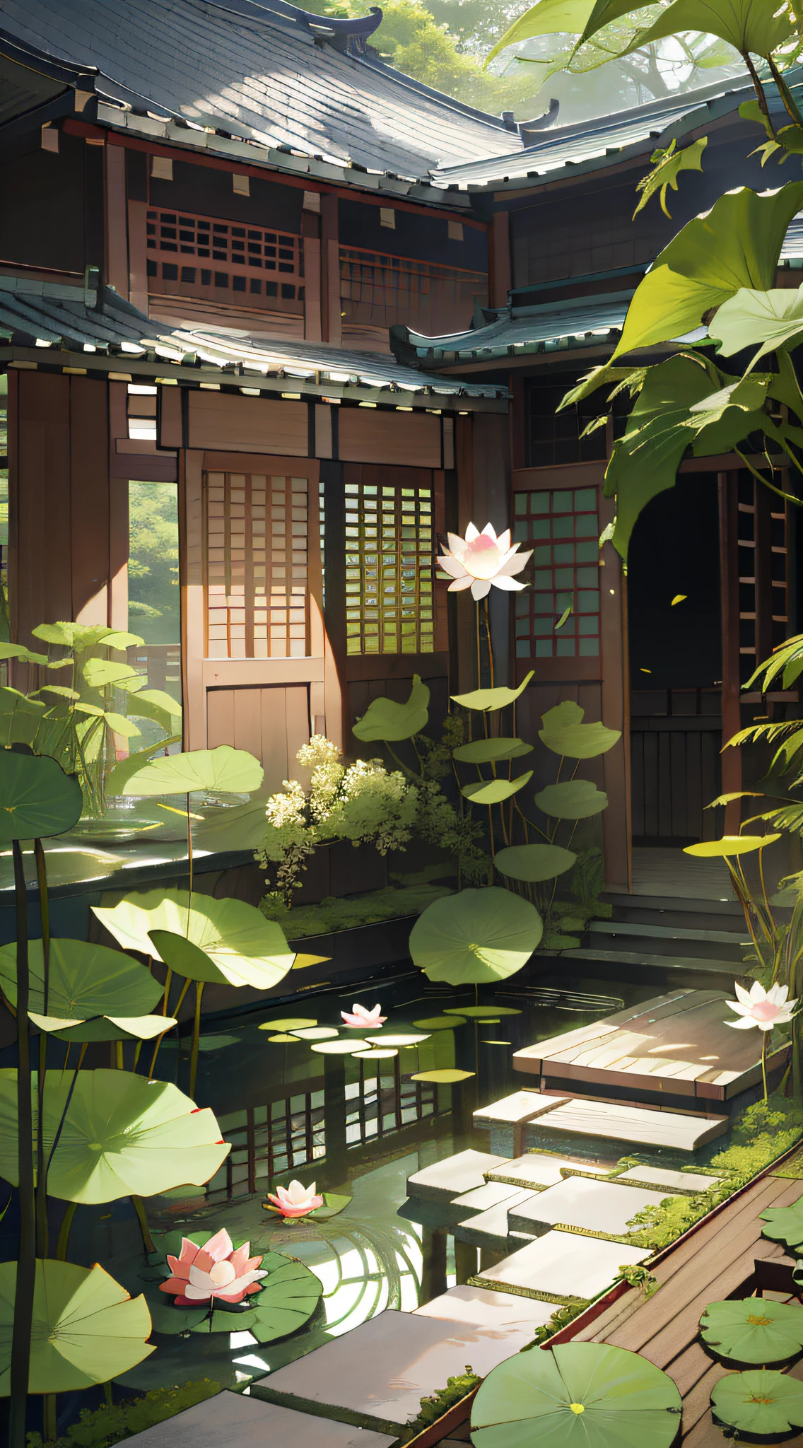 There is a pond with a flower inside, a lotus pond, by Kanō Tan'yū, with a fish pond and courtyard, houses, a realistic garden, lotus, by Heheyu, by Ma Yuanyu, by Kim Hwanji, by Asai-naka, by Shi Tao