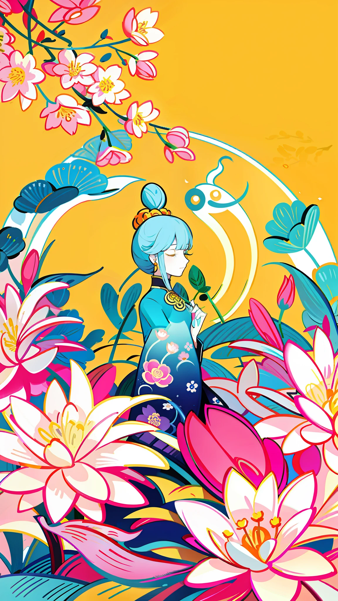 close-up of a cartoon girl, flowers,, delicate face, fairy tale style, light yellow background, beautiful artwork illustration, wearing a beautiful dress, official illustration, high detail, super detail, super high resolution, award-winning work, masterpiece,, low fidelity illustration style, flat illustration, cute illustration, Zhongyuan festival, hand-drawn cartoon art style, surrounded by yellow pink red flowers, digital illustration style, fantastic, beautiful artwork illustration, high quality detail art, beautiful scenes,, beautiful artwork illustration, Hand drawn cartoon art style, painting illustration, simple and clean illustration, inspired by Huang Ji, inspired by Hua Yan, inspired by Ma Yuanyu, inspired by Chen Daofu, cute art style,