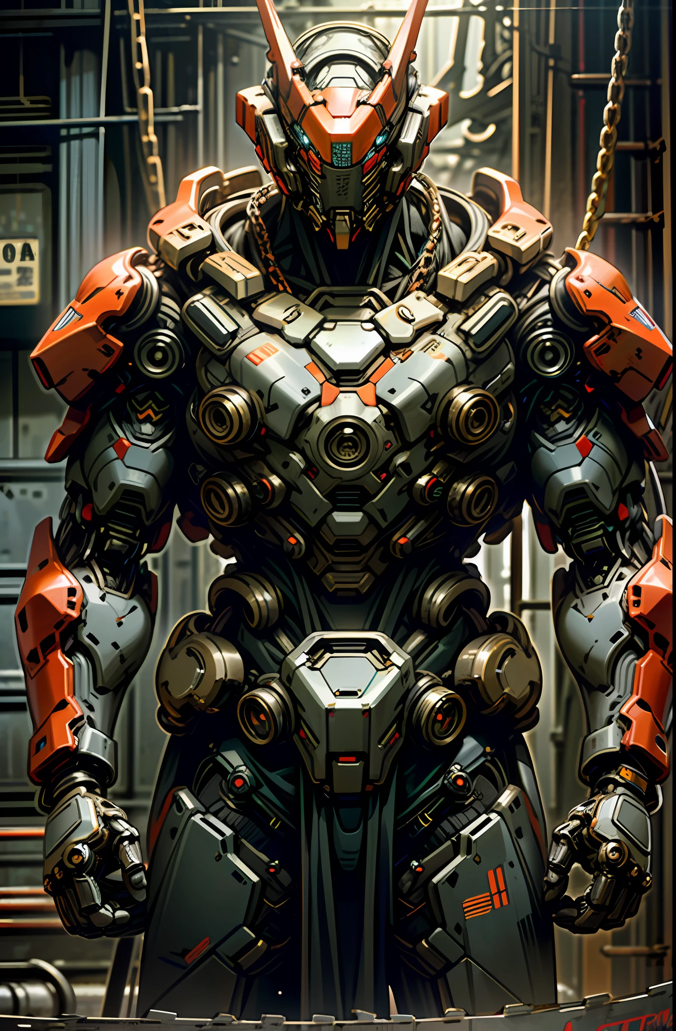 Dark_Fantasy,Cyberpunk,(chain saw,chain saw man,Red:1.1),1man,Mechanical marvel,Robotic presence,Cybernetic guardian, wearing a worn-out mech suit, intricate, (steel metal [rusty]), elegant, clear focus, shot by greg rutkowski, soft lighting, vibrant colors, masterpiece, ((street)), cowboy shot, dynamic pose,