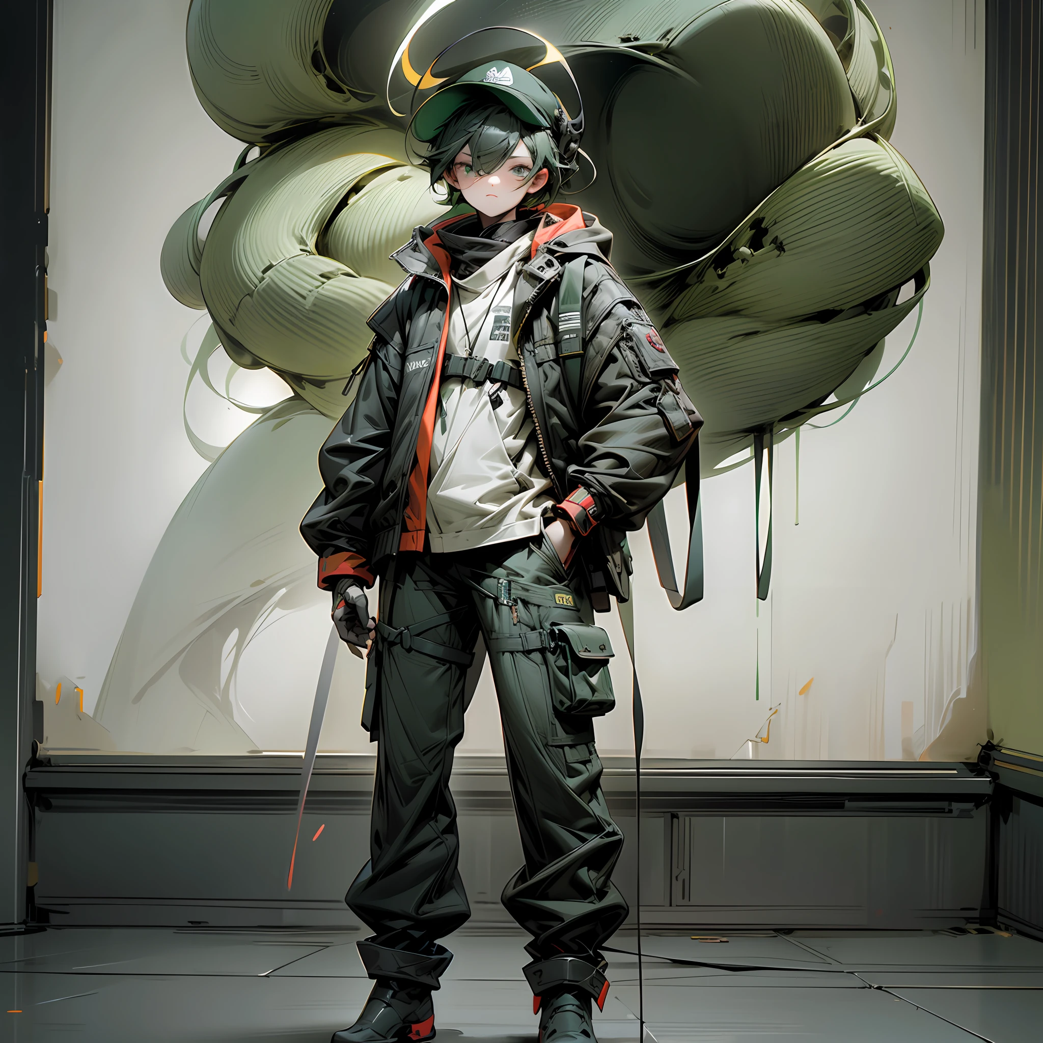 Boy, cool, green and red, cap, jacket, wide-leg pants, boots, full body, blind box style, black background, center, ip by pop mart, physical blind box, edge light, octane rendering, ultra hd, 8K,--ar 3:4 --q 0.5 -- style expressive --niji 5 --auto --s2
