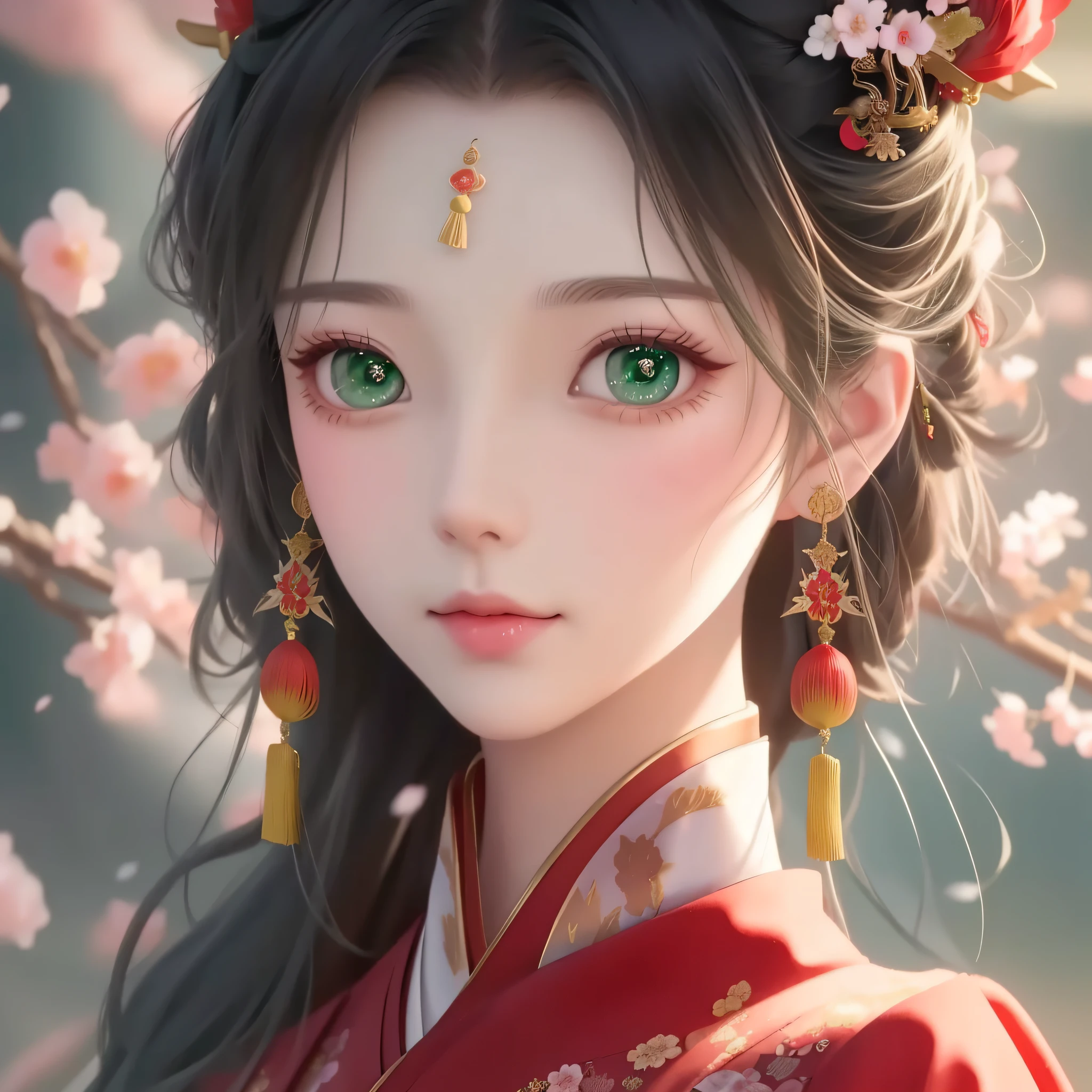 a close up of a woman with green eyes wearing a red kimono, palace , a girl in hanfu, guweiz, artwork in the style of guweiz, chinese style, beautiful anime portrait, stunning anime face portrait, high quality portrait, chinese princess, chinese girl, beautiful character painting, hanfu, beautiful digital artwork, a beautiful fantasy empress