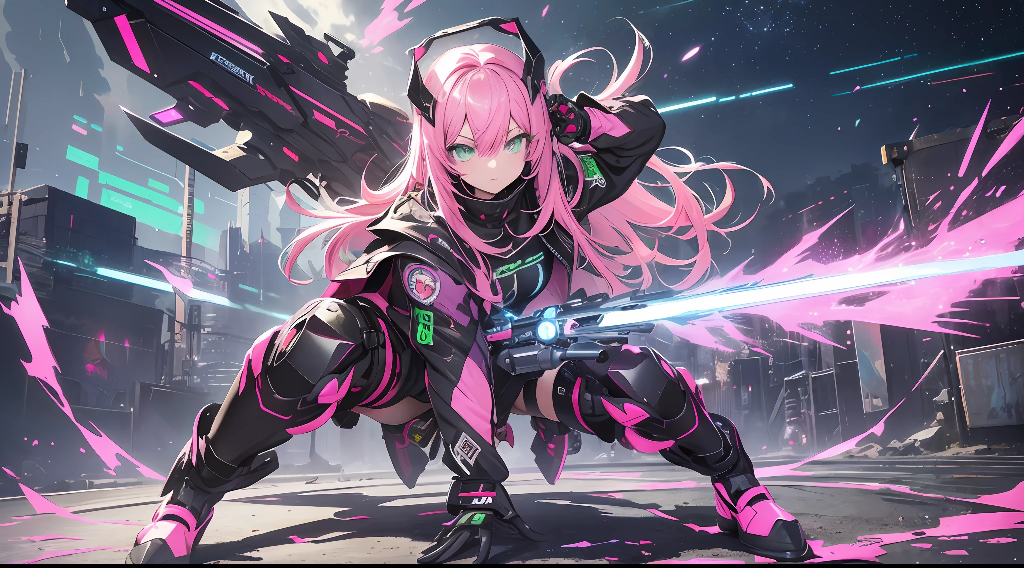 ((Masterpiece))) Full Body, Full Body Shot (One Girl) ((Pink Hair, Long Hair, Straight Hair, Both Sides Up))), ((Green Eyes))), Eyeshadow, Eyeliner, Glow Eye, Hyper Detail Eye, Complex Eyes, Beautiful Eyes, Detailed Eyes, (((Star-shaped pupils, glowing pink pupils))) 18 year old girls. (wearing a transparent jacket made of PVC material)) huge cool chainsaw, huge cool weapon machine, mech, mechanism, machine, open stance, sleep