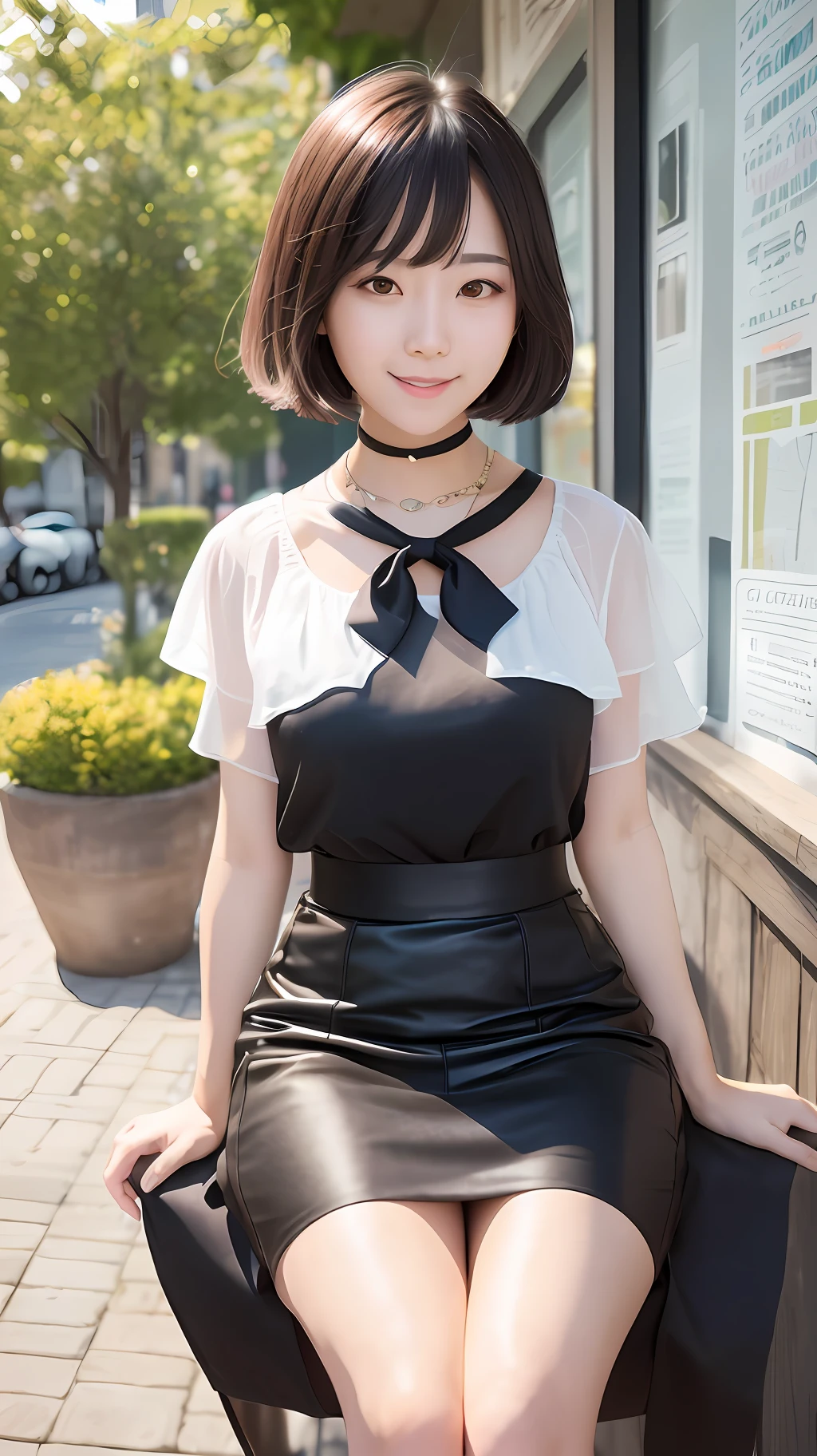 8k Ultra HD, DSLR, Film Grain, Fujifilm XT3,(Best quality: 1.3), (Masterpiece: 1.1), High resolution, cinematic light, Intricate details, (Realistic), Outside, Beautiful outside, Sunny Korean girl, (in café: 1.5) , Dimples, Short hair, Looking at the audience, , Ribbon, Bow tie, Bare shoulders, Low cut short sleeves, pencil skirt, Headrest, sitting, indoor,
 Necklace, black pantyhose, (smile), (full body: 1.6), slender,
