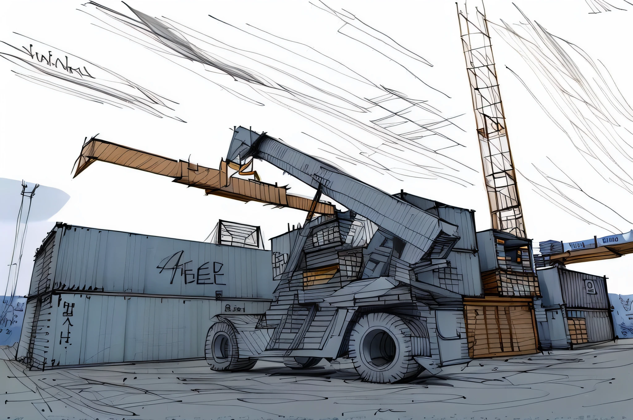 sketch, sketch, pen_sketch_style, there is a forklift that is parked in front of the container, the photo was taken in 2 0 2 0, loading in high quality, yard, photo taken from afar, this is a very large, industrial photo