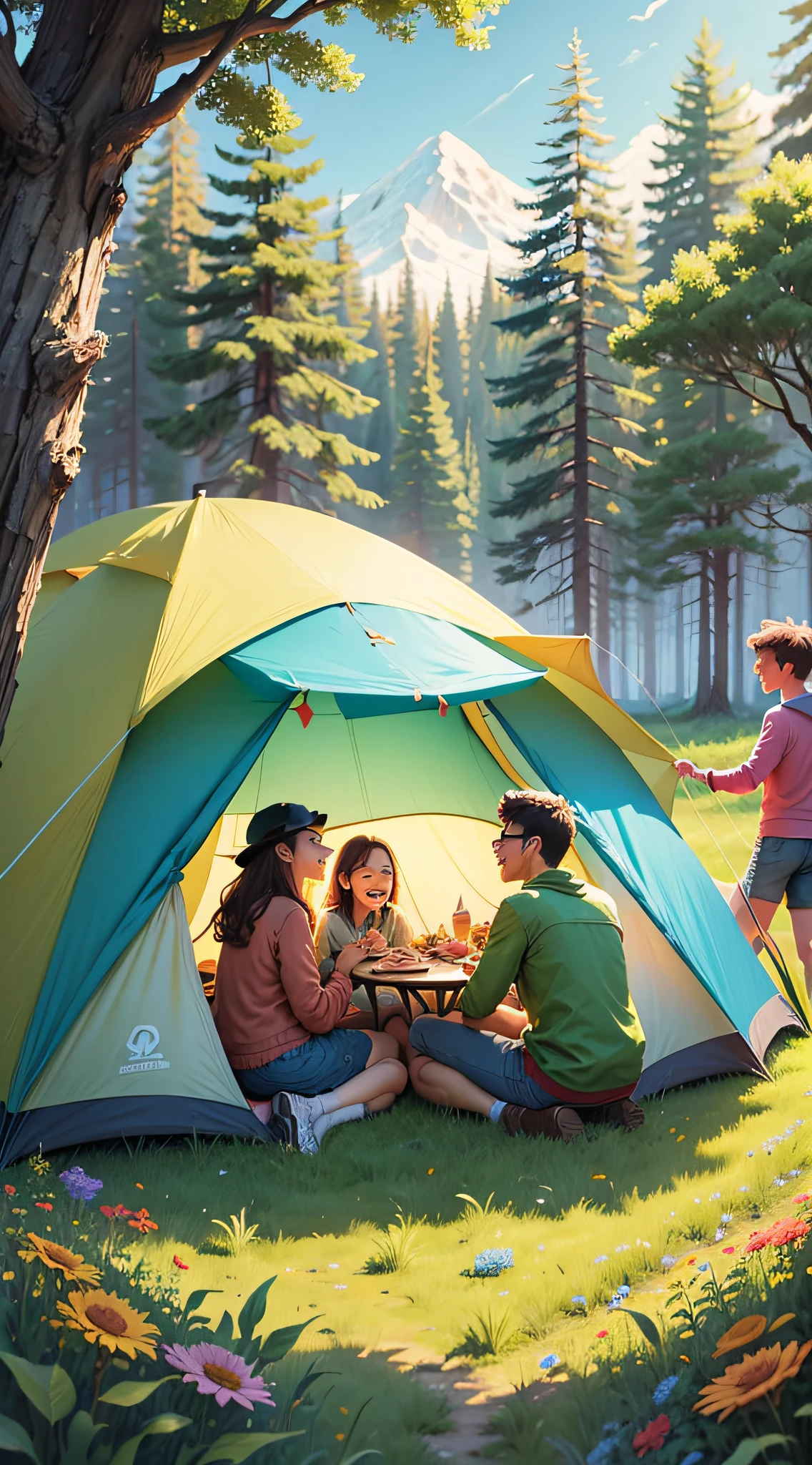 Illustration about the picnic, four people laughing around the campfire, surrounded by tents, grass, flowers, clear sky, cartoon style, bright and rich colors, --auto --s2
