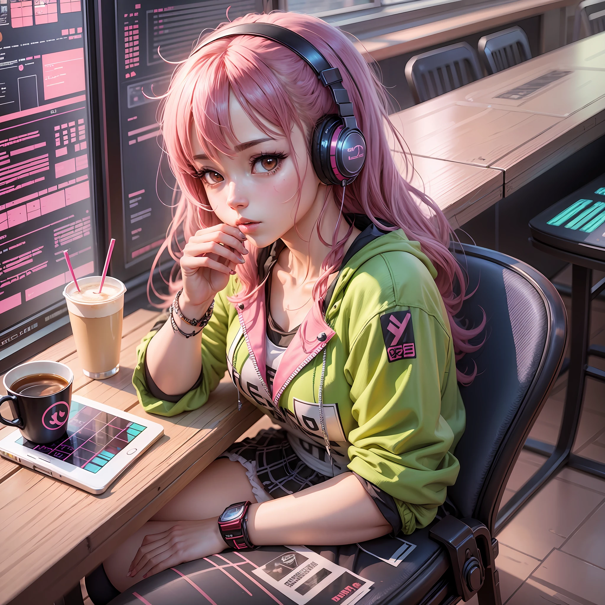 Anime girl sitting at a table with a cup of coffee, headphones, 4K anime style, 8K anime art wallpaper, 4K anime art wallpaper, 4K anime art wallpaper, anime style. 8k, anime wallpaper 4k, anime wallpaper 4k, anime wallpaper 4k, mystery girl cafeteria, lofi artstyle, lofi girl, digital art cyberpunk anime --auto --s2