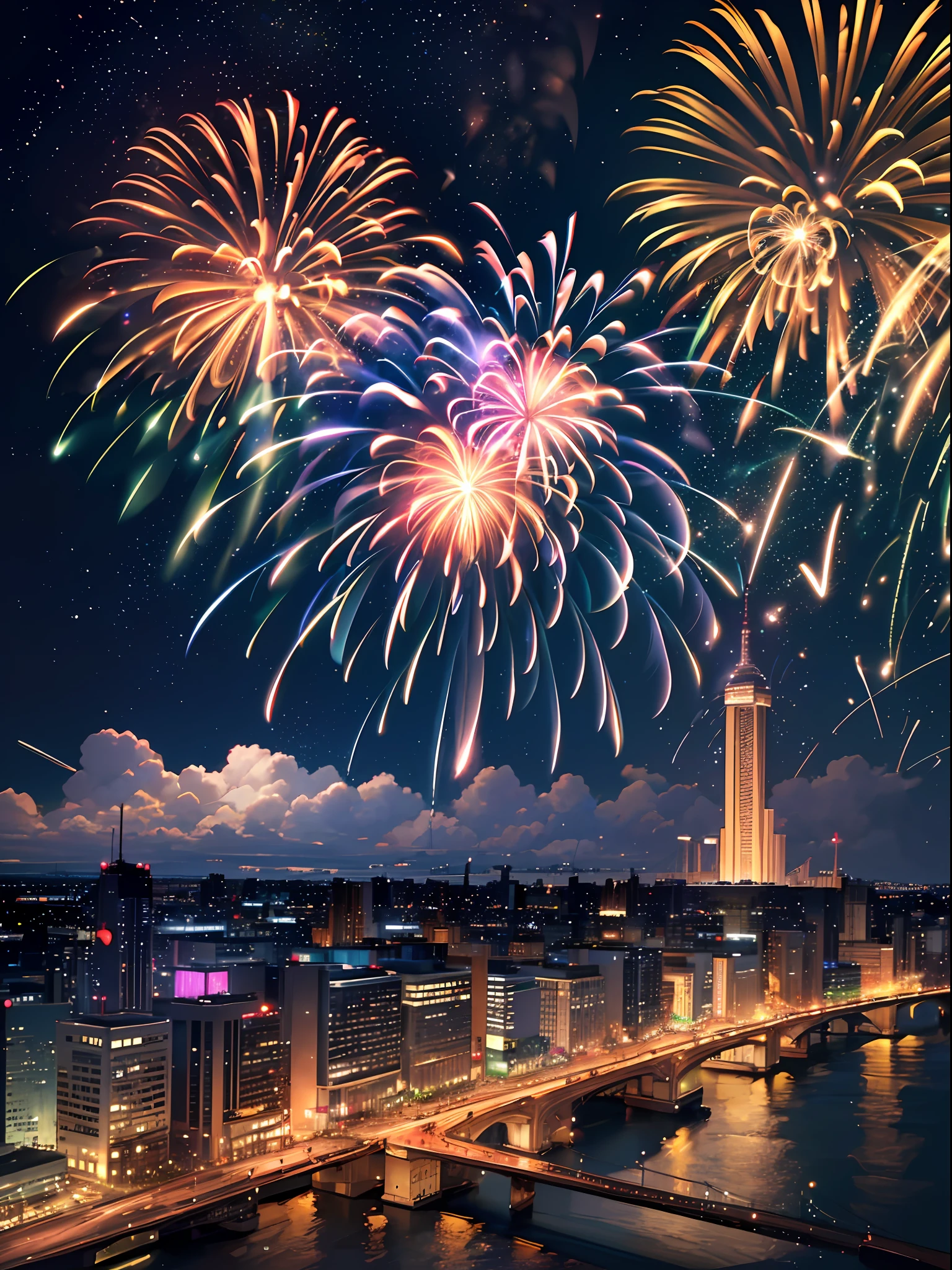 Fireworks lit up in the night sky of the city ((highest quality, 8k, masterpiece, photo)), [Sky Fireworks] !!, background fireworks, background fireworks, background fireworks, fireworks shot with Canon EOS 5D Mark IV, fireworks shot with Sony A7R camera, fireworks, happy !!!, --auto --s2