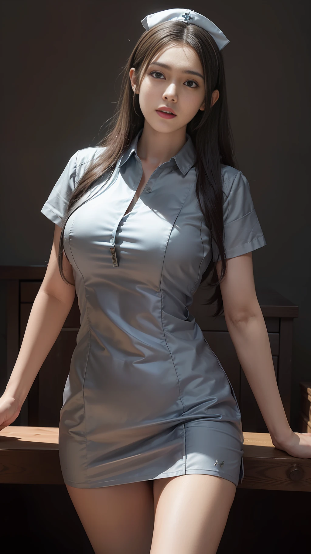 (in the bedroom: 1.6), fantasy art, photorealism, motion lighting, artstation, poster, volumetric lighting, very detailed faces, 4k, award-winning, 1girl, in the dark, deep shadow, low-key, cowboy shot, (nurse uniform: 1.4), long hair, gray hair, half-body, terminal, big