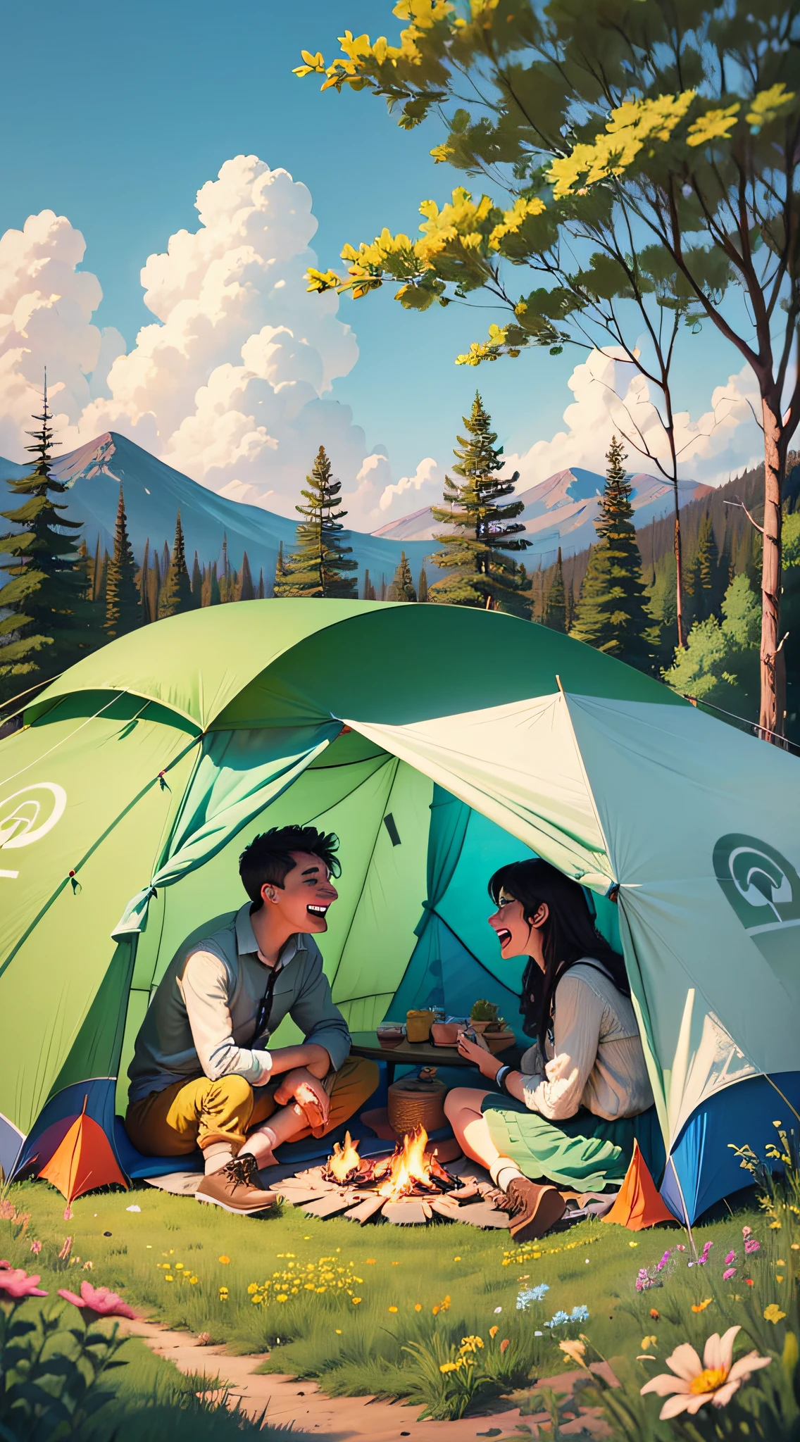 Illustration about the picnic, four people laughing around the campfire, surrounded by tents, grass, flowers, clear sky, cartoon style, bright and rich colors, --auto --s2