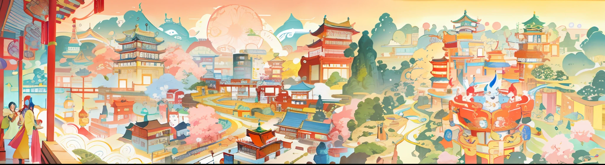 brightly colored illustration of a city with a lot of people, chinese surrealism, dreamland of chinese, official artwork, by Yanagawa Nobusada, a beautiful artwork illustration, traditional japanese concept art, chinese fantasy, illustrative art, tokyo mural, opening scene, nostalgic and euphoric, ( ( victo ngai ) ), by Yan Hui, japanese illustration